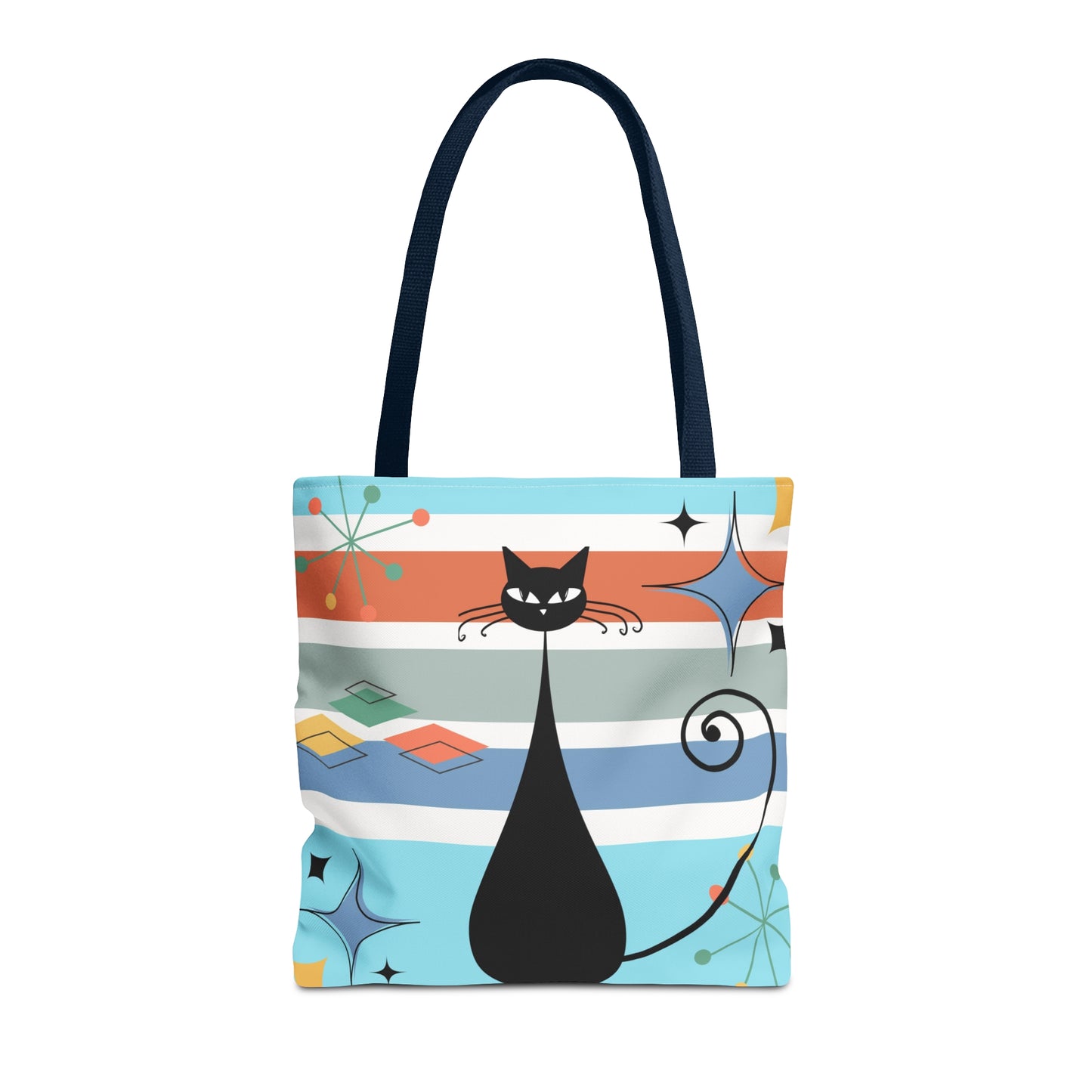 Atomic cat retro tote bag, black cat lover, mid century modern tote carry bag