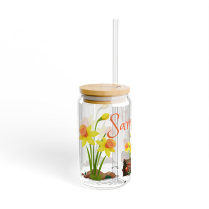 Personalized Daffodil spring Sipper Glass, 16oz, floral drinking glass, cute glass, iced coffee cup