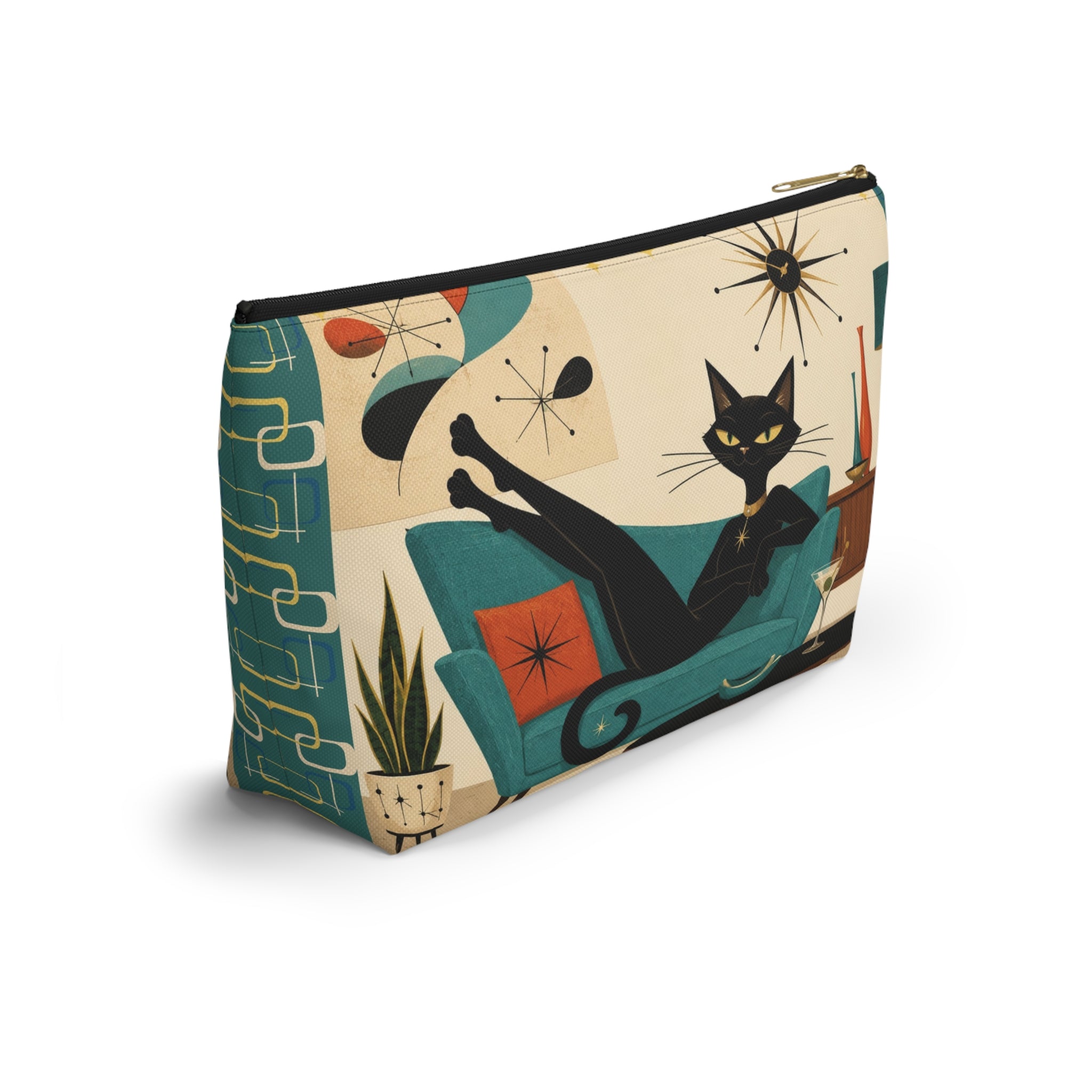 Mid Century Atomic Black Cat Lounge Accessory Pouch | T-Bottom Cosmetic Bag