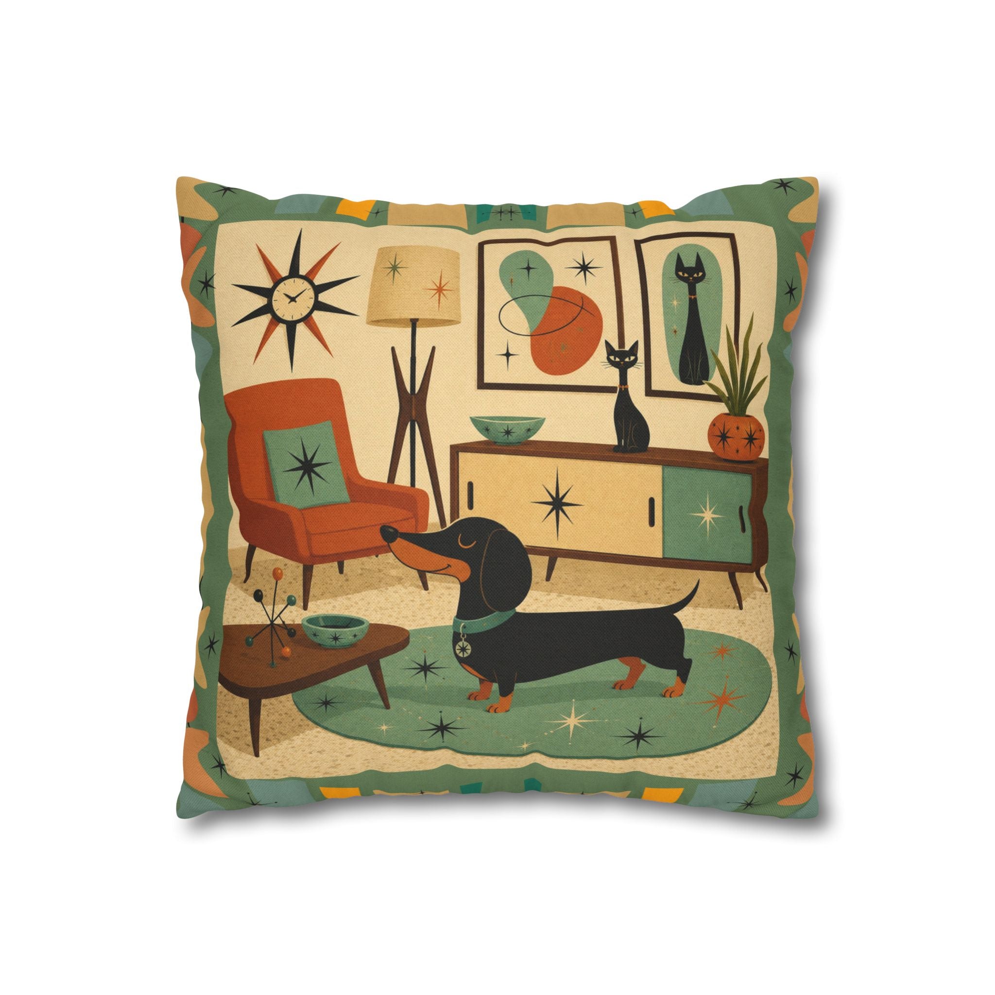 Mid-Century Living Room Dachshund Pillowcase | Square Pillowcase - COVER ONLY
