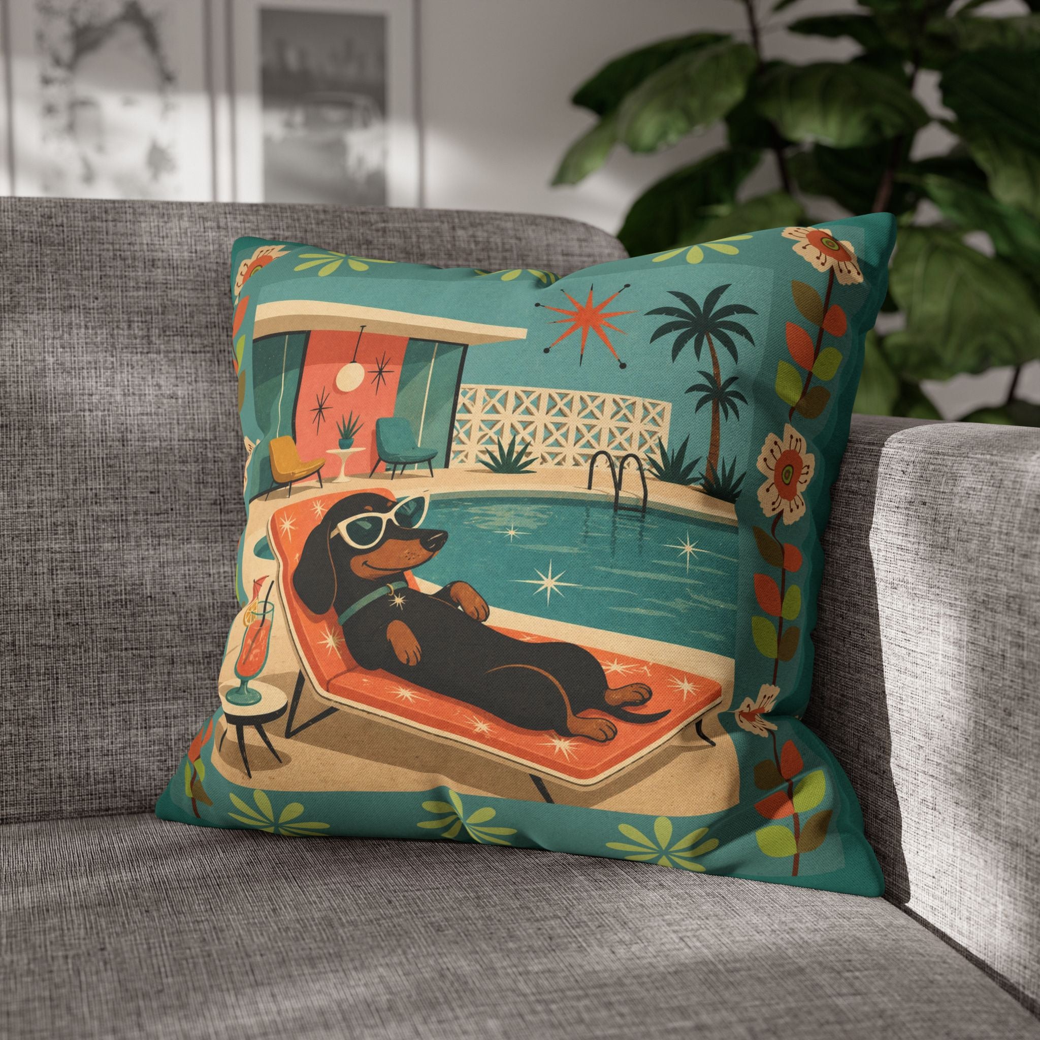 Retro Dachshund Pool Lounge Pillowcase | Square Pillowcase - COVER ONLY - Indoor Use