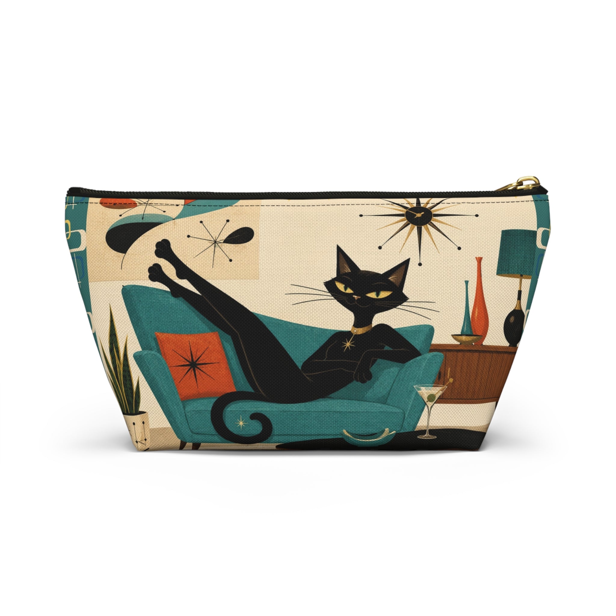 Mid Century Atomic Black Cat Lounge Accessory Pouch | T-Bottom Cosmetic Bag