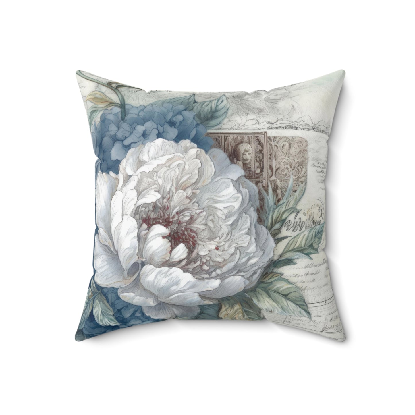 Blue with large white flower floral shabby chic Square Pillow, vintage inspired, couch scatter throw cushion, living room decor