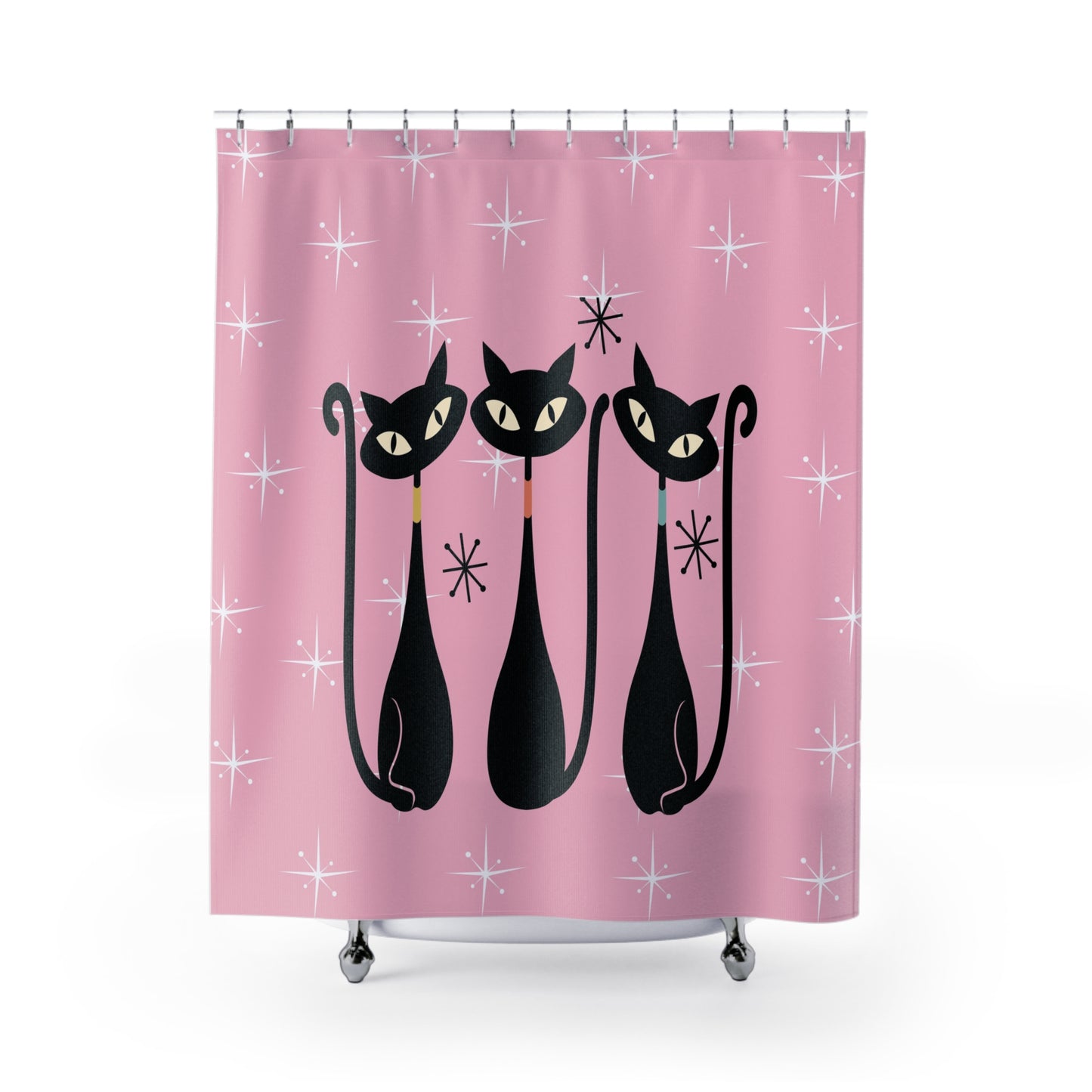 Atomic cat starburst pink Shower Curtain, retro bathroom, 50s 60s decor, black cat lover gift, cute bathtub or stall, Mid Century