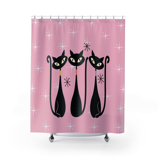 Atomic cat starburst pink Shower Curtain, retro bathroom, 50s 60s decor, black cat lover gift, cute bathtub or stall, Mid Century