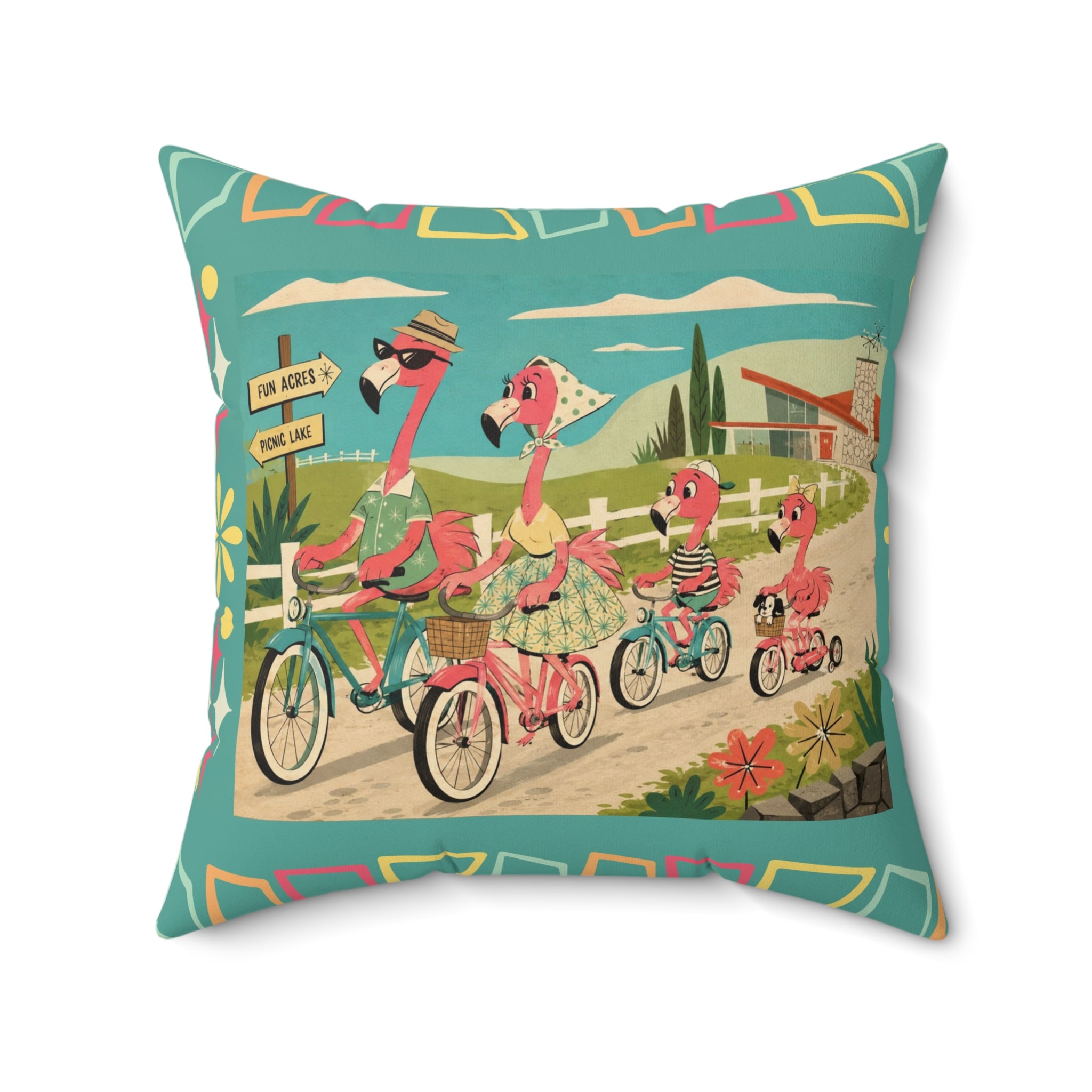 MCM Flamingo Family Biking Spun Polyester Pillow | Retro Tropical Bicycle Scene