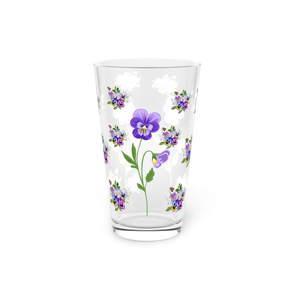 Pansies floral 16 oz Pint Glass, Art Tumbler, Beer Glass, Barware Drinkware, Wedding Gift, Party Glassware, flower garden Glassware