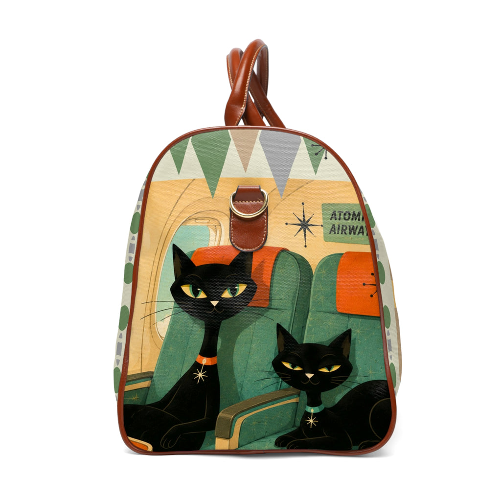 Retro Black Atomic Cats Travel Illustration Waterproof Travel Bag | Midcentury Plane Scene