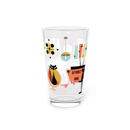 Atomic Bar retro cat Pint Glass, 16oz, retro party glasses, Mid Century barware, cocktail, beer, juice drinking glass,( PRICE PER GLASS)