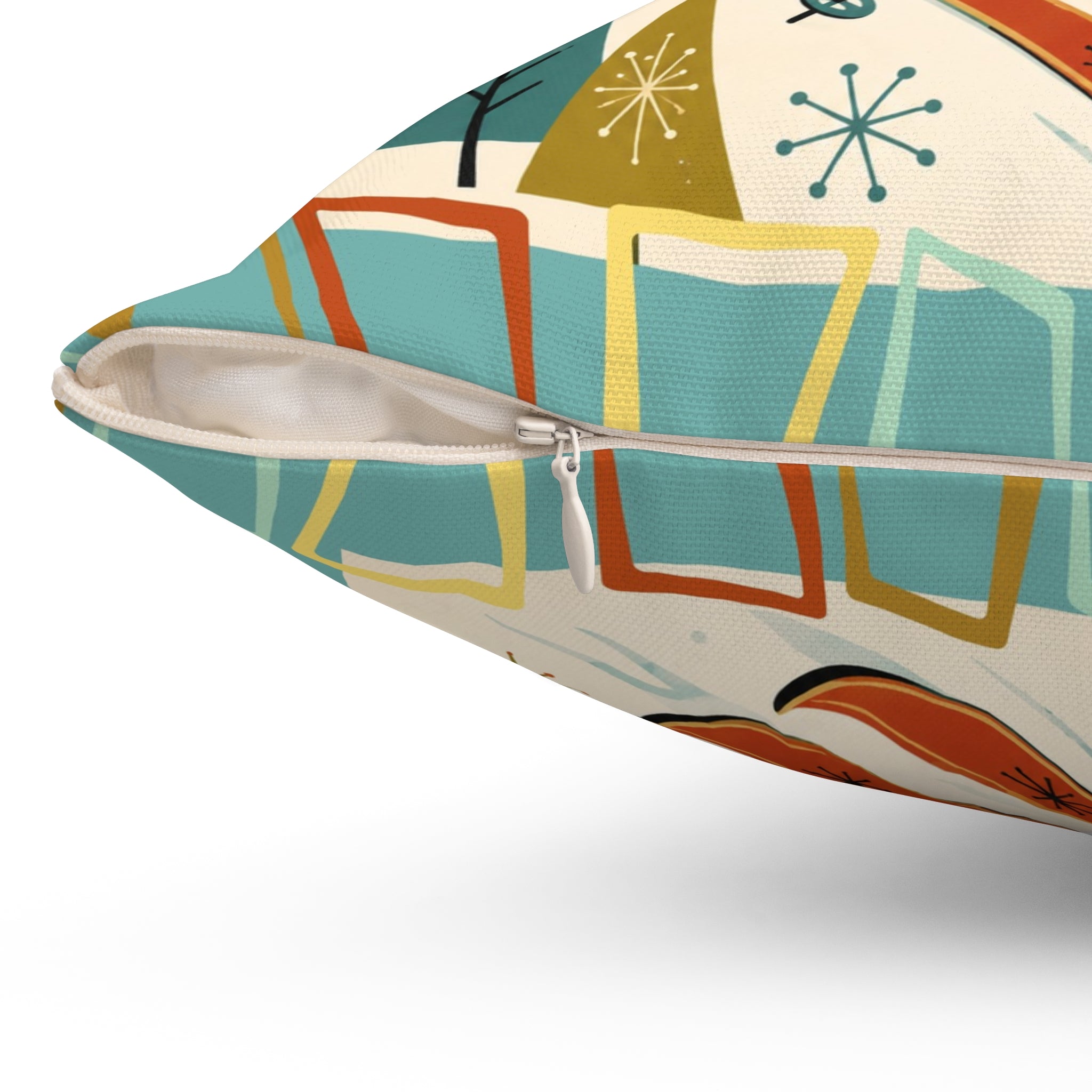 MCM Skiing Dachshund Pillow | Square Polyester Throw Pillow, Retro Winter Ski Art