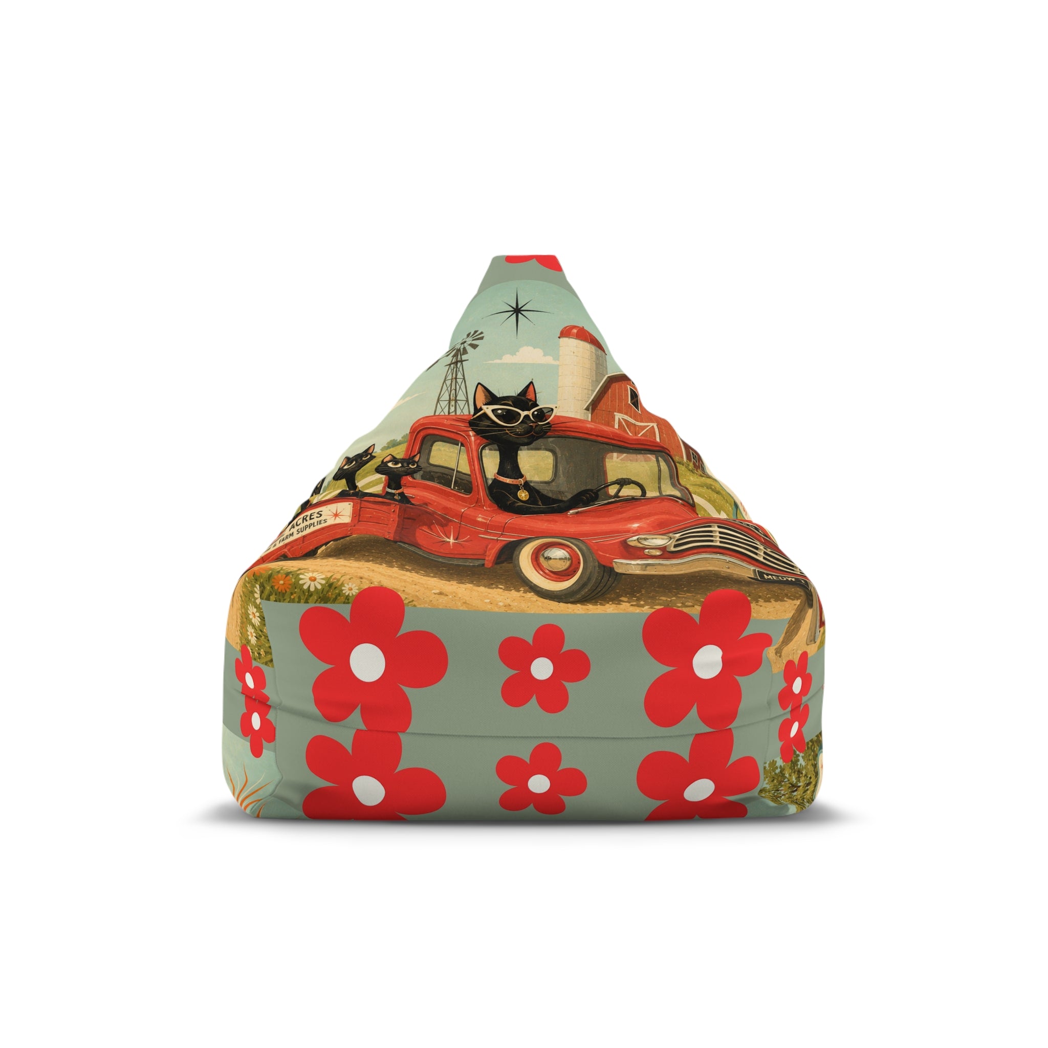 Atomic cat Retro Red Daisy Pattern Bean Bag Chair Cover | Floral Boho Decor