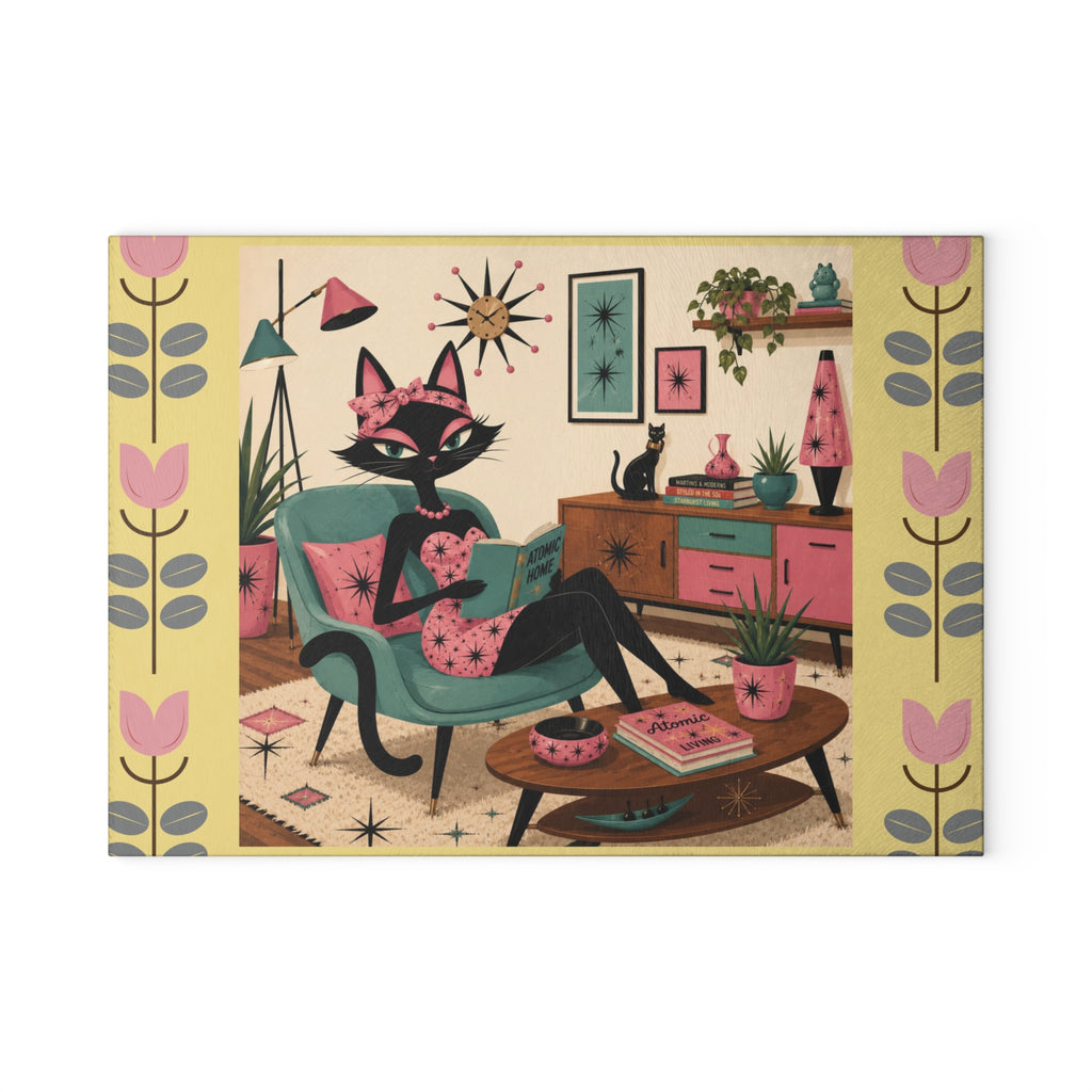 Retro Lounge Atomic Cat Glass Cutting Board | Mid Century Kitchen Decor