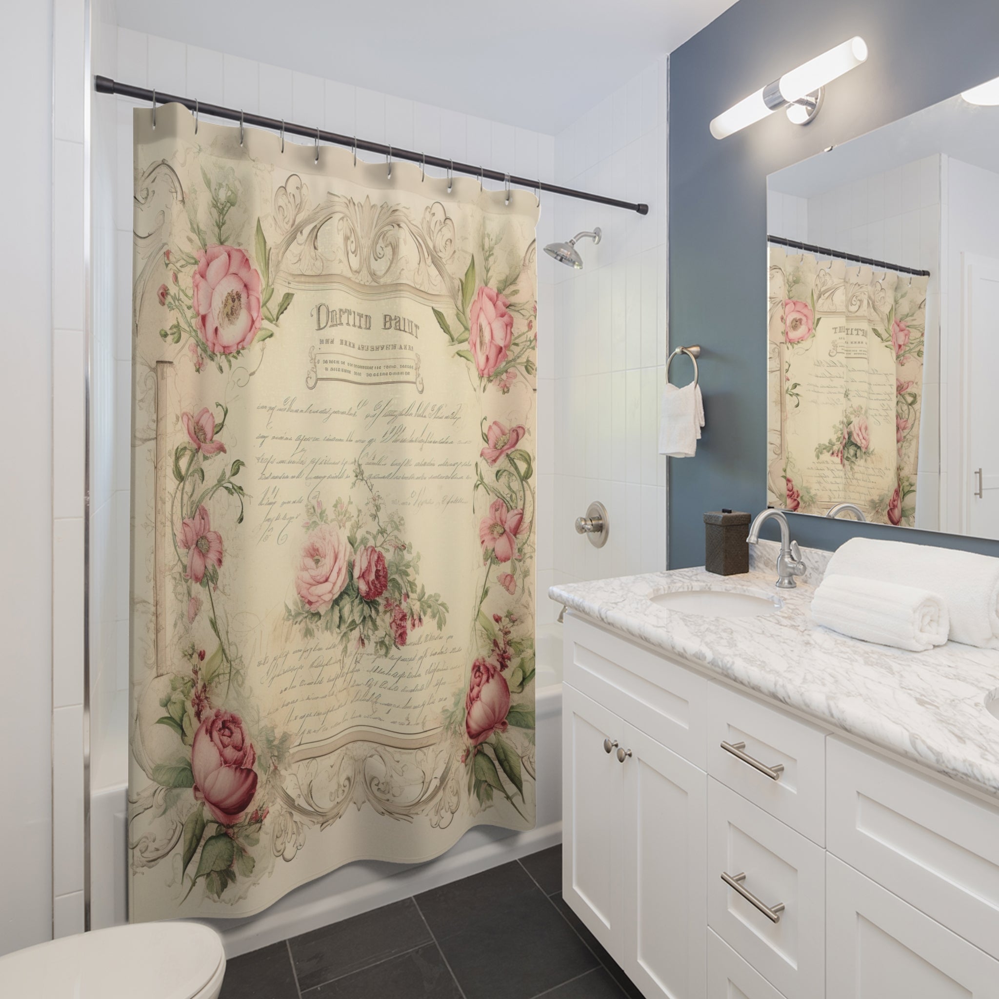 Vintage Rose Script Shower Curtain — Shabby Chic Floral Bathroom Decor