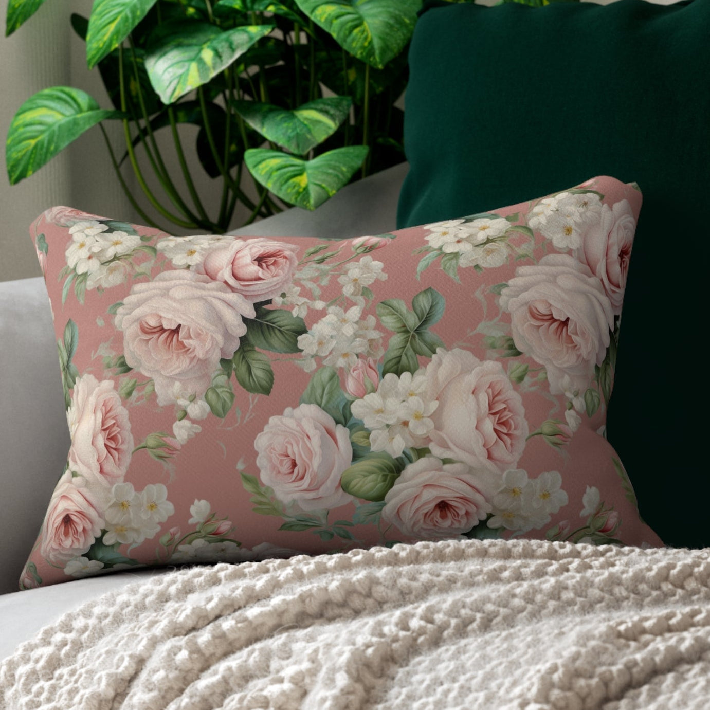 A rectangular throw pillow with a pink rose floral pattern, styled on a light gray sofa with a cream knit blanket, a dark green pillow, and a potted green plant in the background.