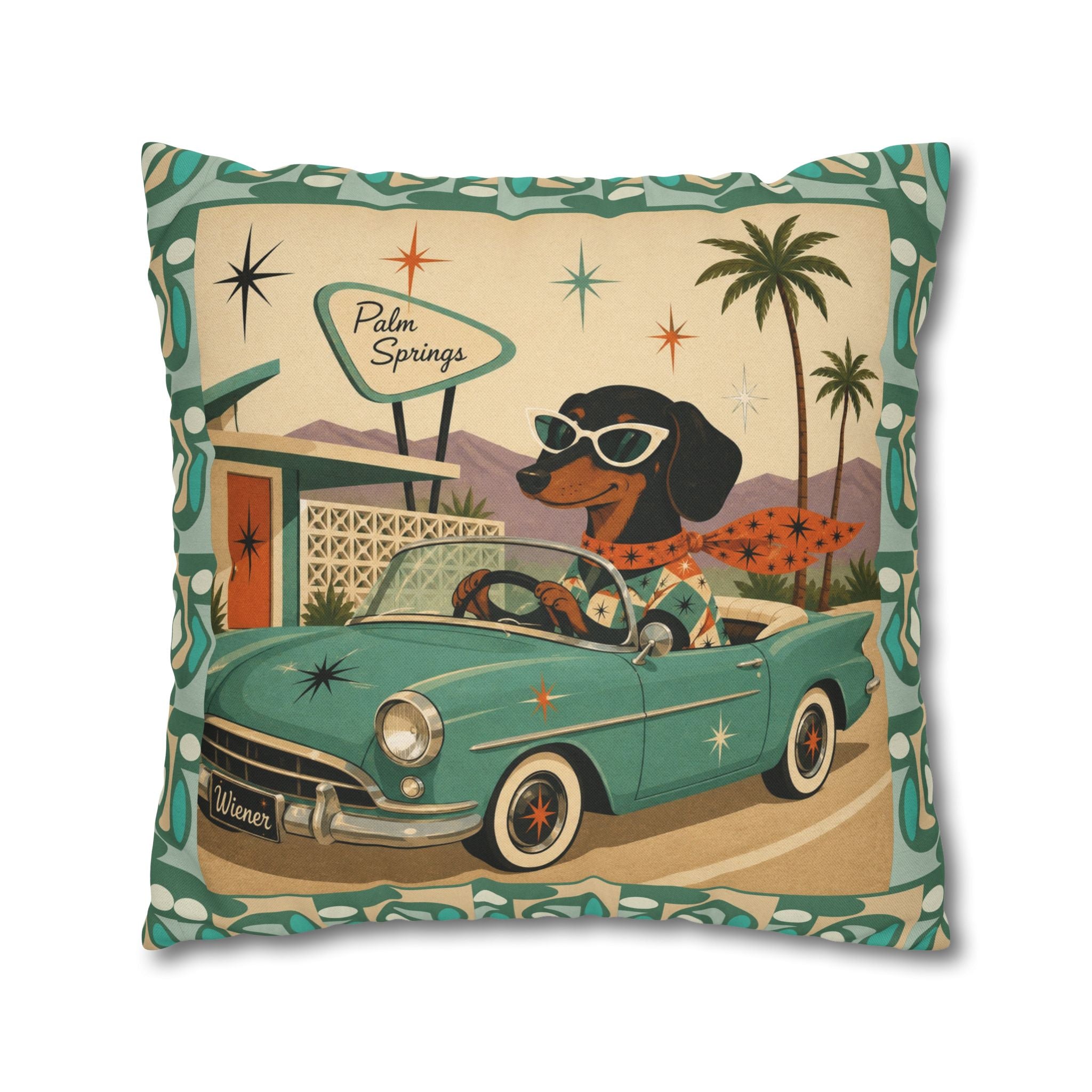 Retro Dachshund Driving Convertible Pillowcase | Palm Springs Vintage Car - COVER ONLY