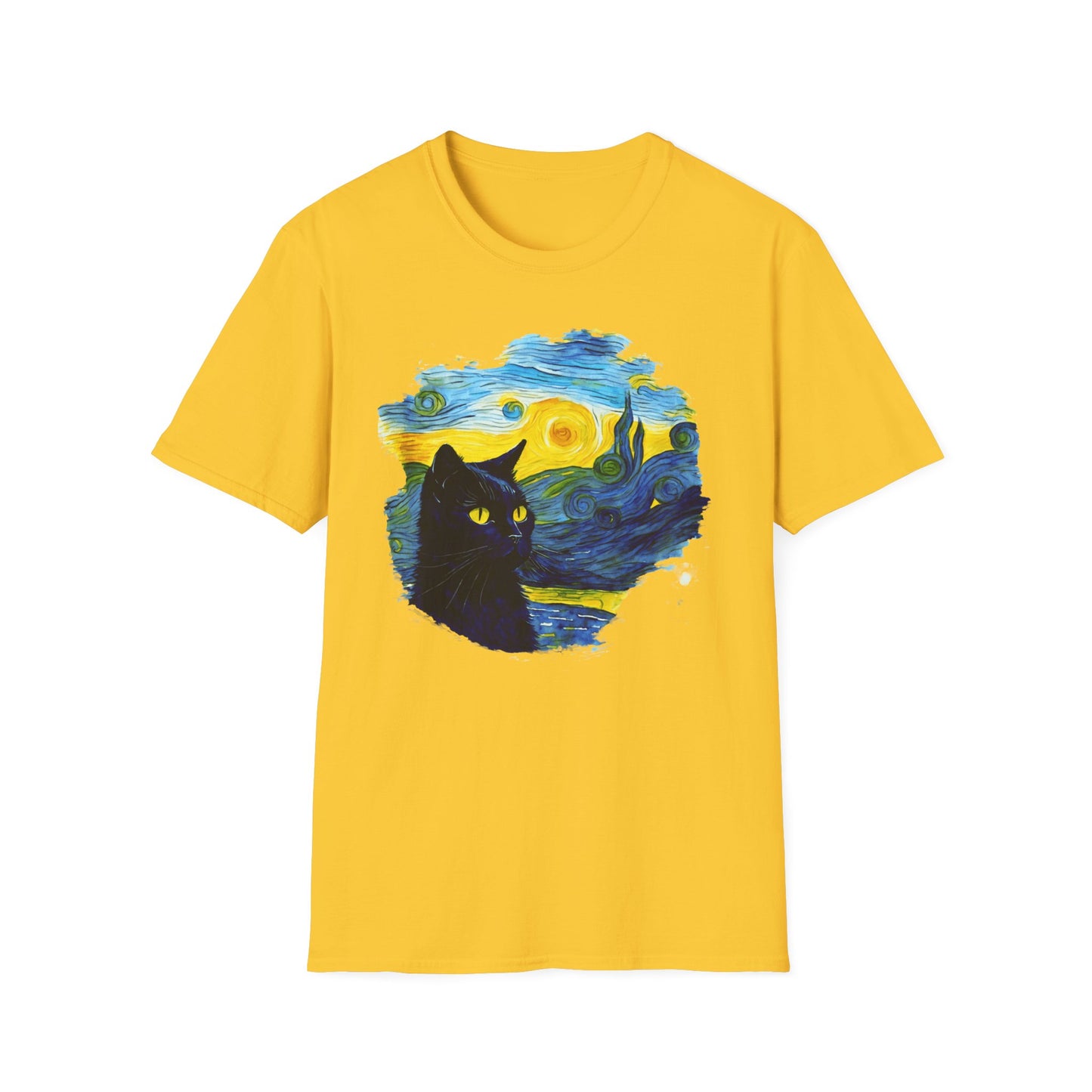 Cute black Cat with Van Gogh inspired Unisex Softstyle T-Shirt