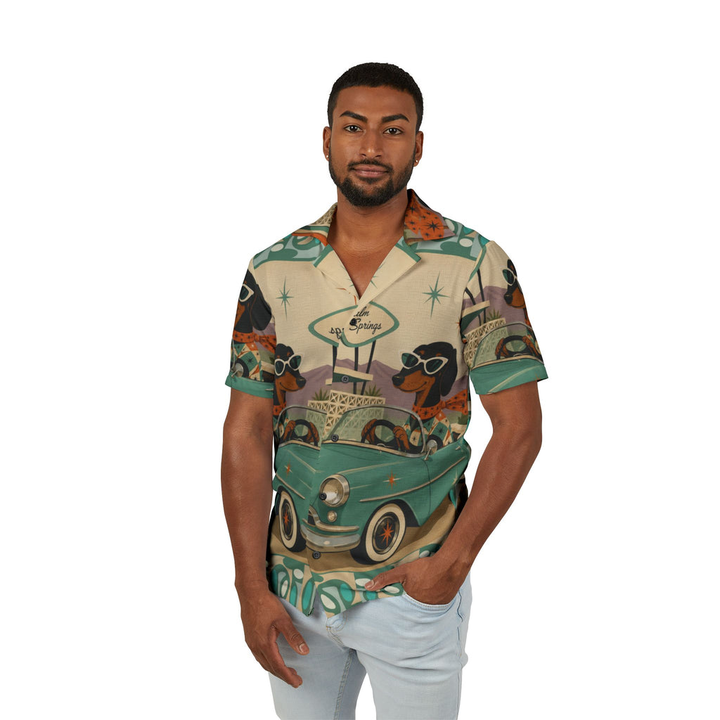 Retro Dachshund Driving Convertible Hawaiian Shirt | Palm Springs MCM