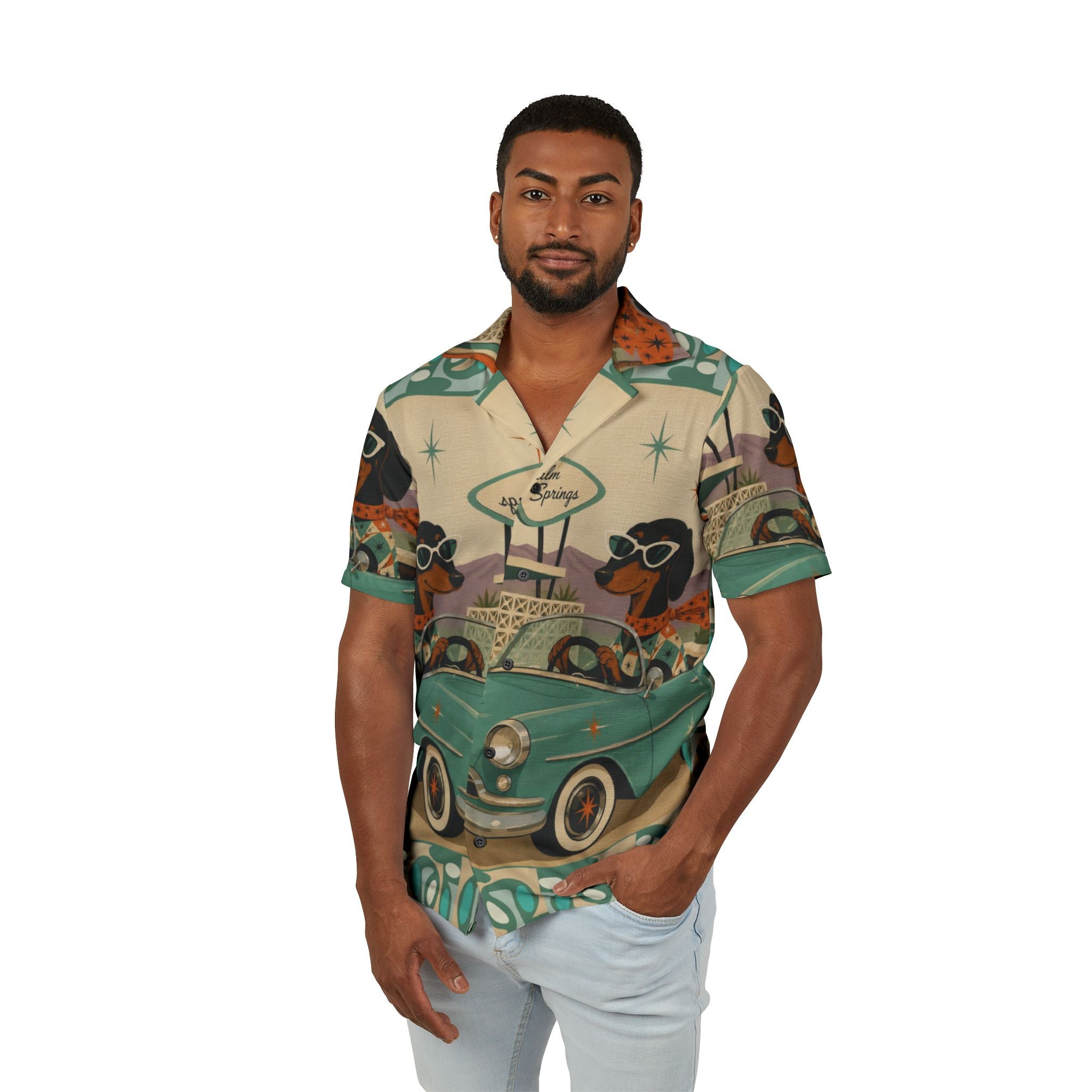 Retro Dachshund Driving Convertible Hawaiian Shirt | Palm Springs MCM