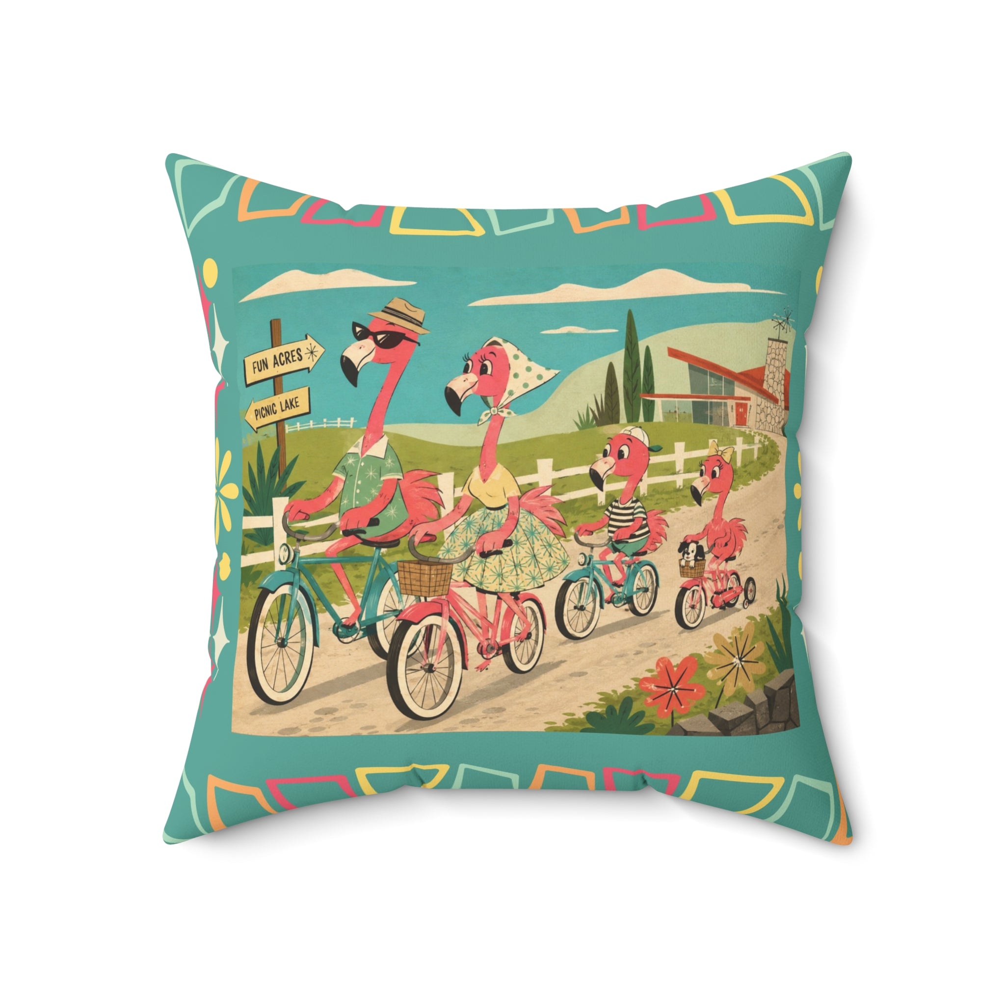 MCM Flamingo Family Biking Spun Polyester Pillow | Retro Tropical Bicycle Scene