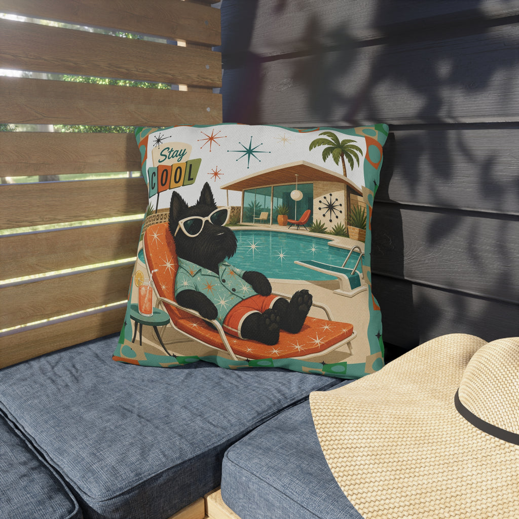 Retro Poolside Scottie Dog Stay Cool Outdoor Pillow | Mid Century Modern