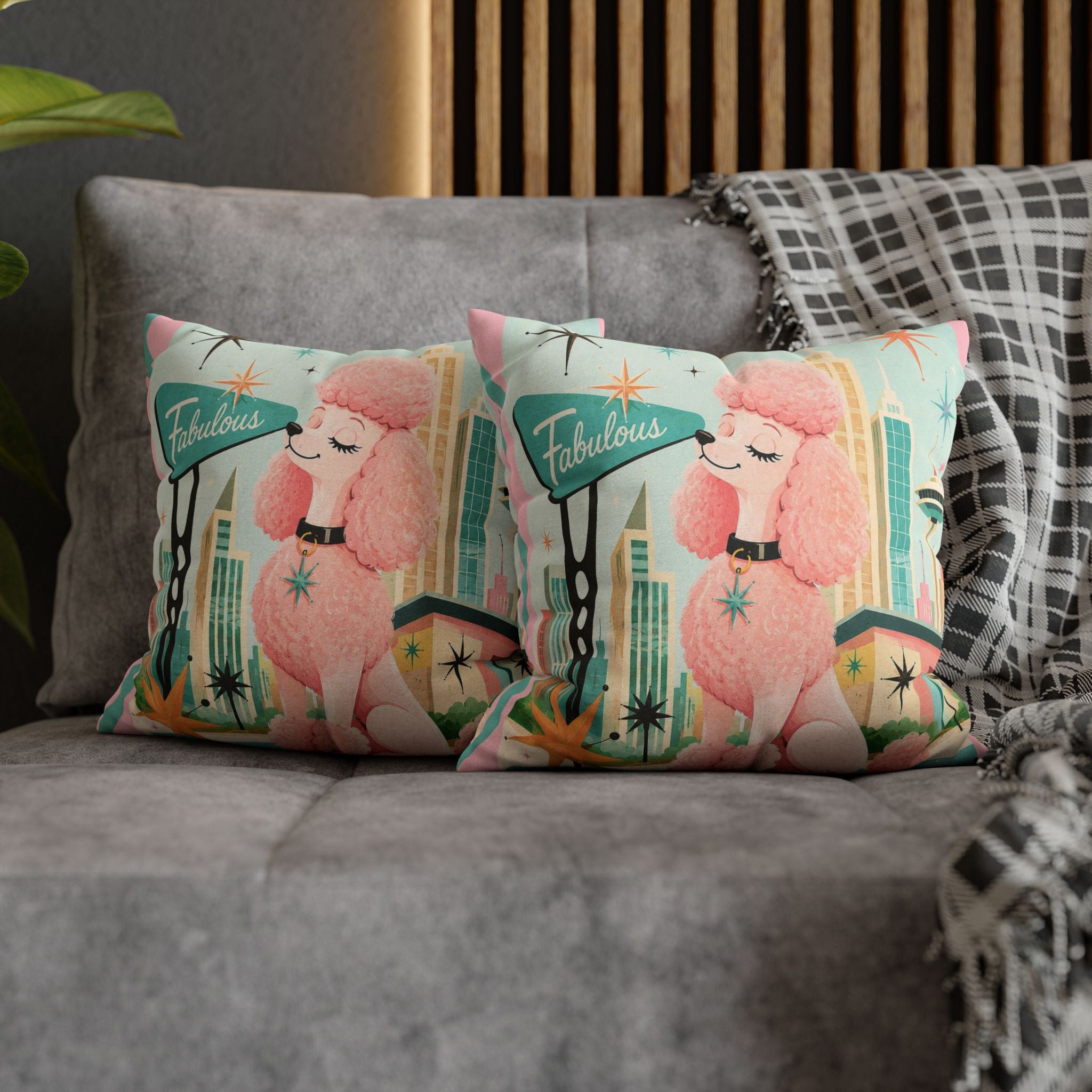 Fabulous Pink Poodle Pillowcase Spun Polyester Square Pillowcase | Retro Mid-Century Dog - COVER ONLY