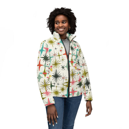 MCM Starburst retro inspired Womens Puffer Jacket, ladies jacket, Mid Century Modern jacket