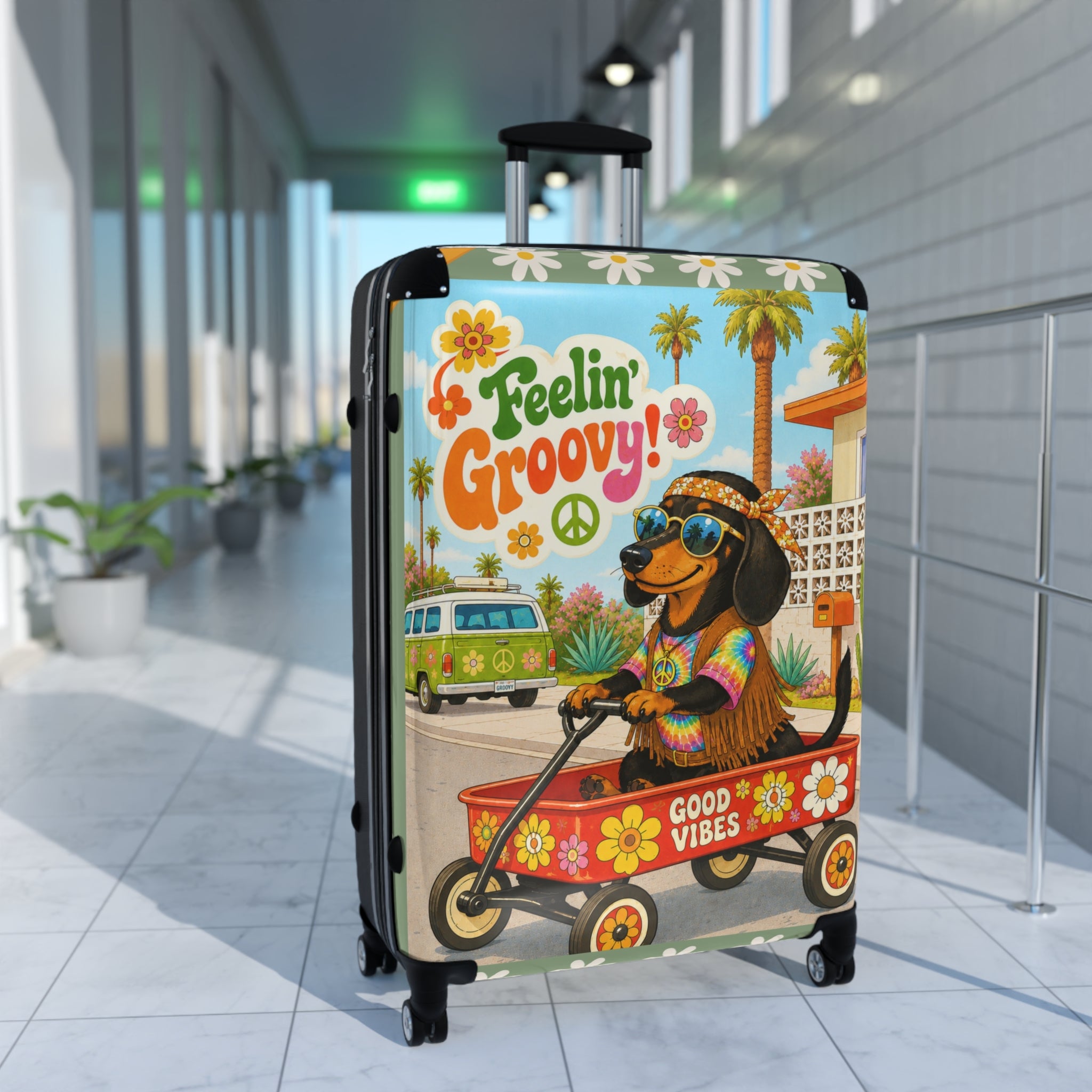 Feelin' Groovy Dachshund in Wagon Suitcase | Retro Hippie Good Vibes Travel Luggage