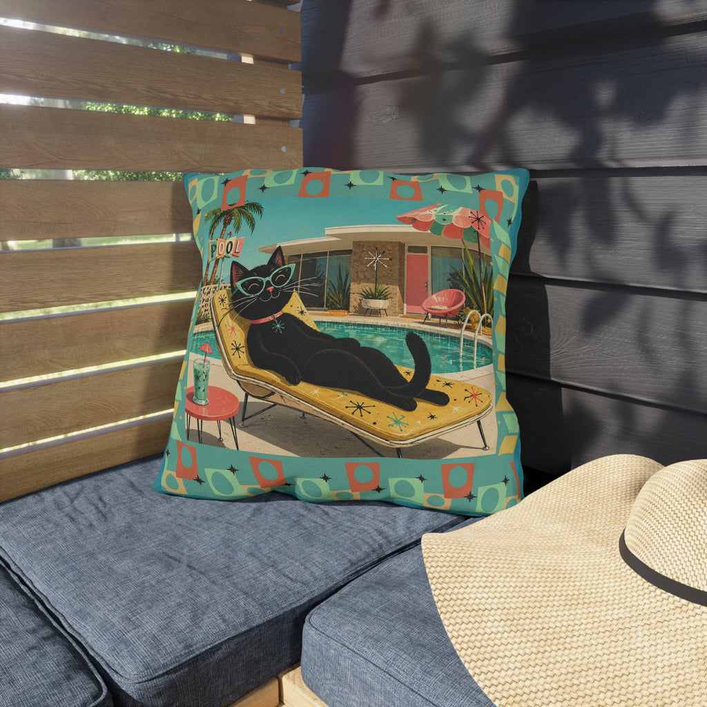 Retro Black Cat Poolside Outdoor Pillow | Mid Century Modern Patio Decor