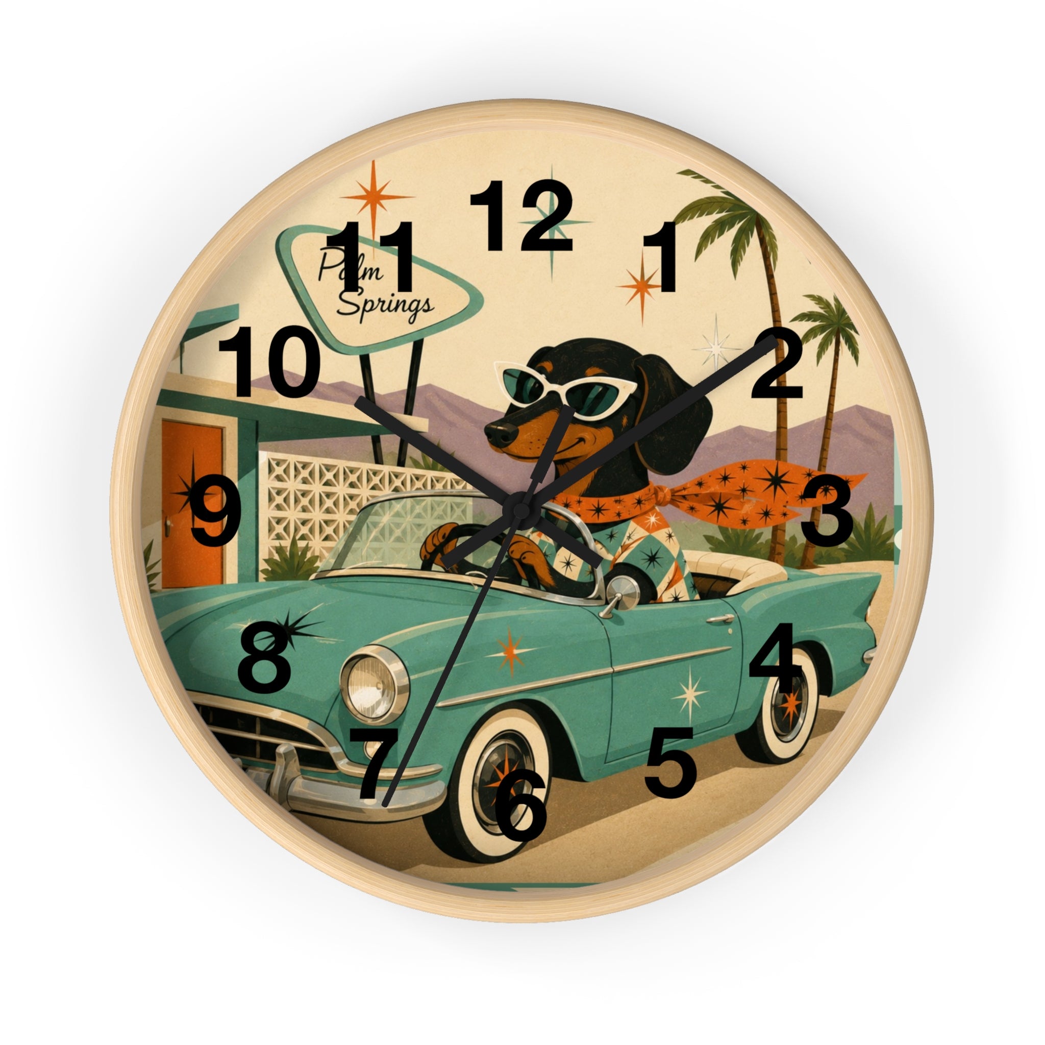 Dachshund Retro Roadtrip Wall Clock | Mid-Century Palm Springs Art