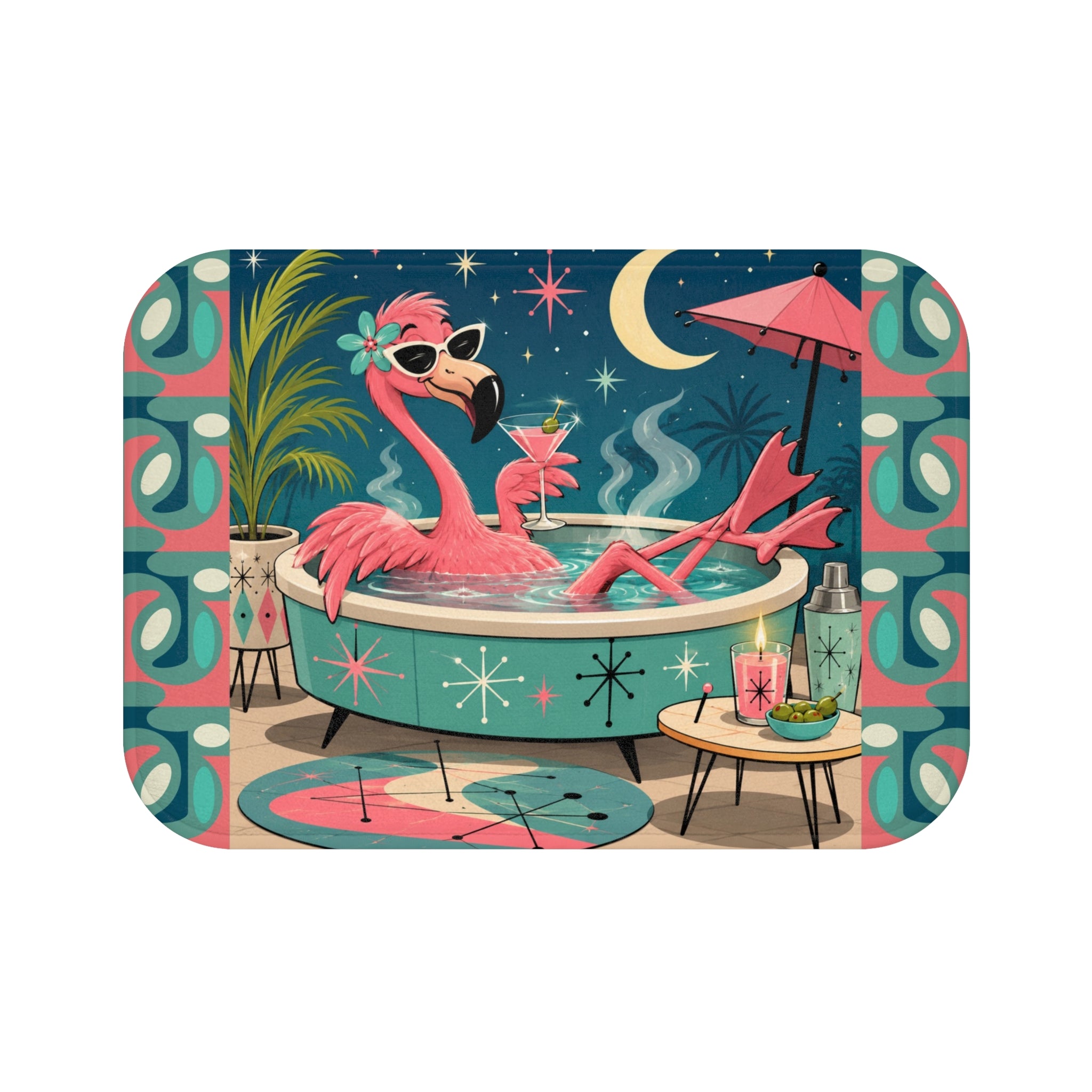 Retro Flamingo Pool Art Bath Mat | Mid Century Tiki Tropical Bath Rug