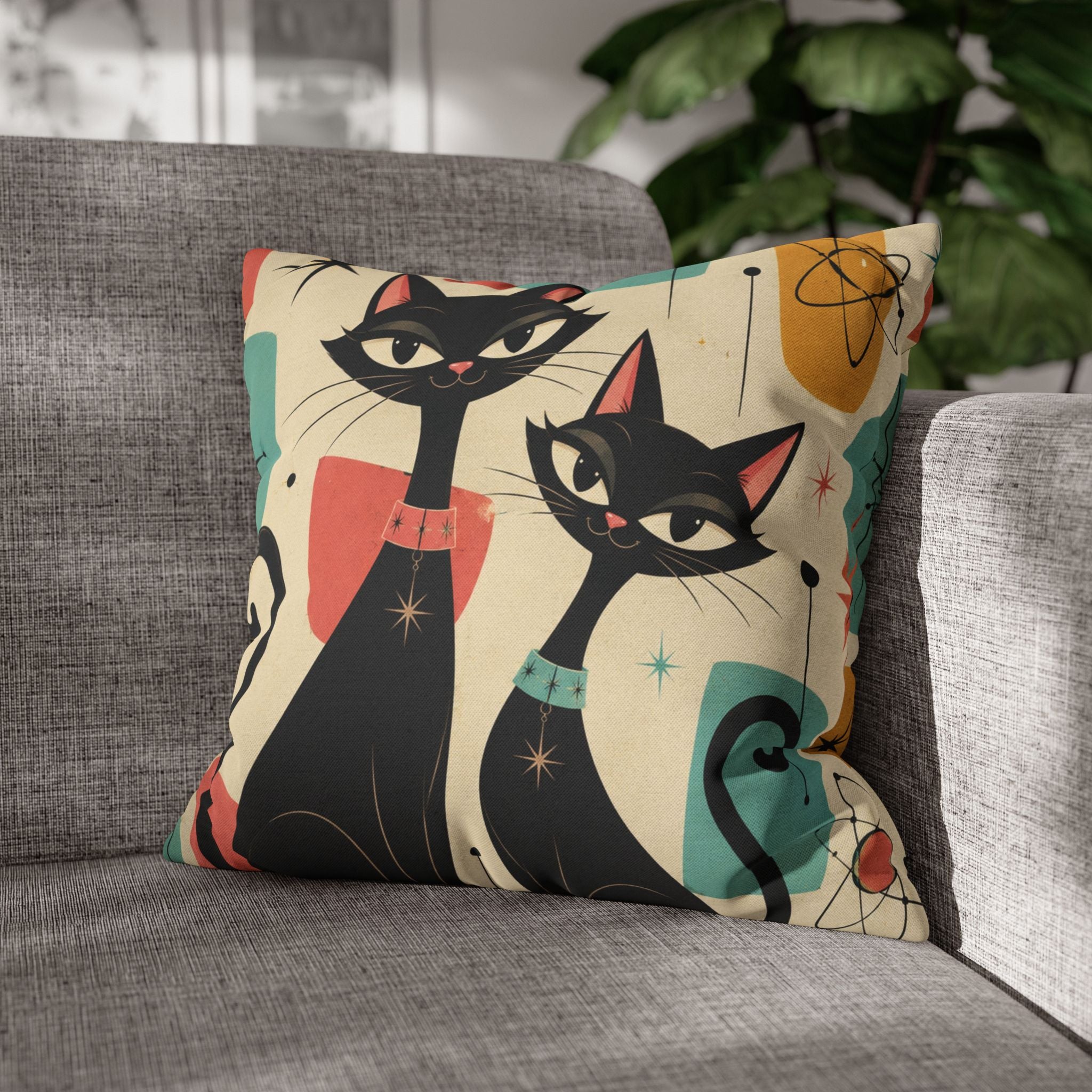 Mid Century Retro Atomic Black Cats Pillowcase | Spun Polyester Square Pillowcase - COVER ONLY