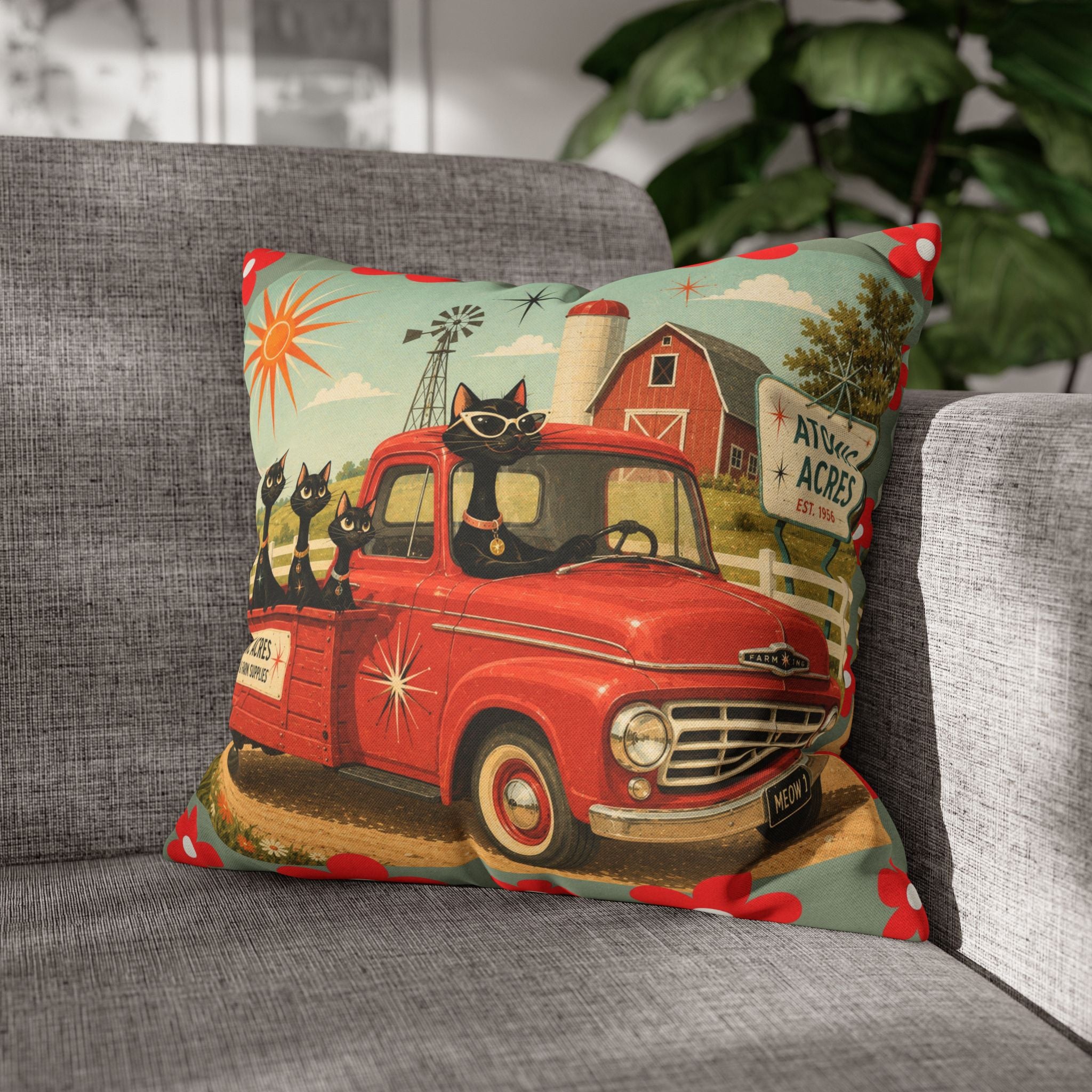 Retro Red Truck with Atomic Black Cats and kittens Pillowcase | MCM Square Pillowcase - COVER ONLY