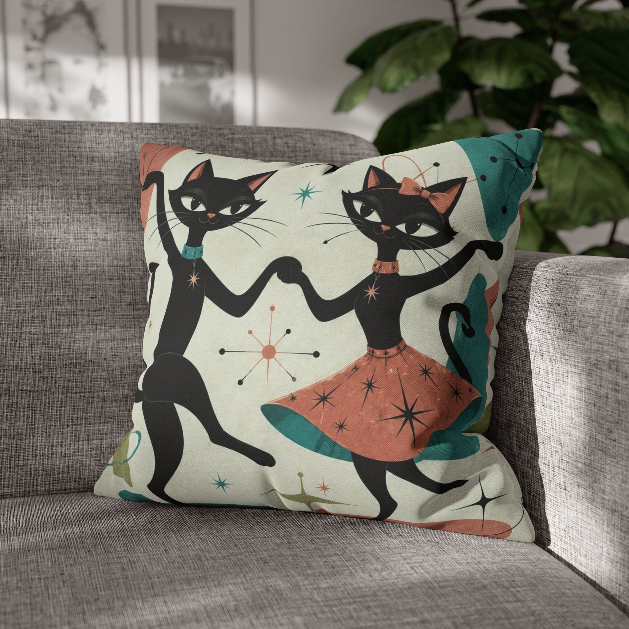 Dancing Retro Atomic Black Cats Pillowcase | Square Throw Pillowcase - COVER ONLY