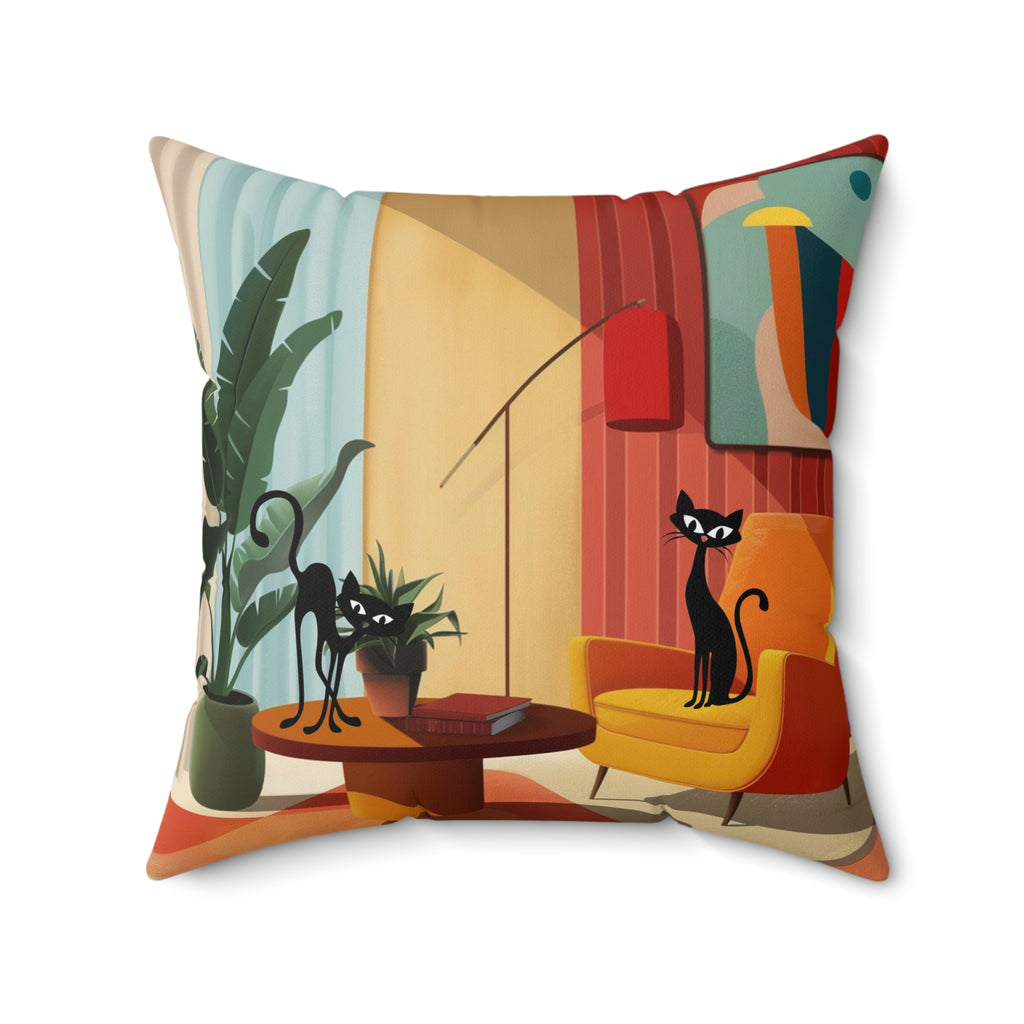 Atomic cat retro Spun Polyester Square Pillow, Mid Century Modern, mancave pillow, living couch scatter throw cushion, black cat lover gift