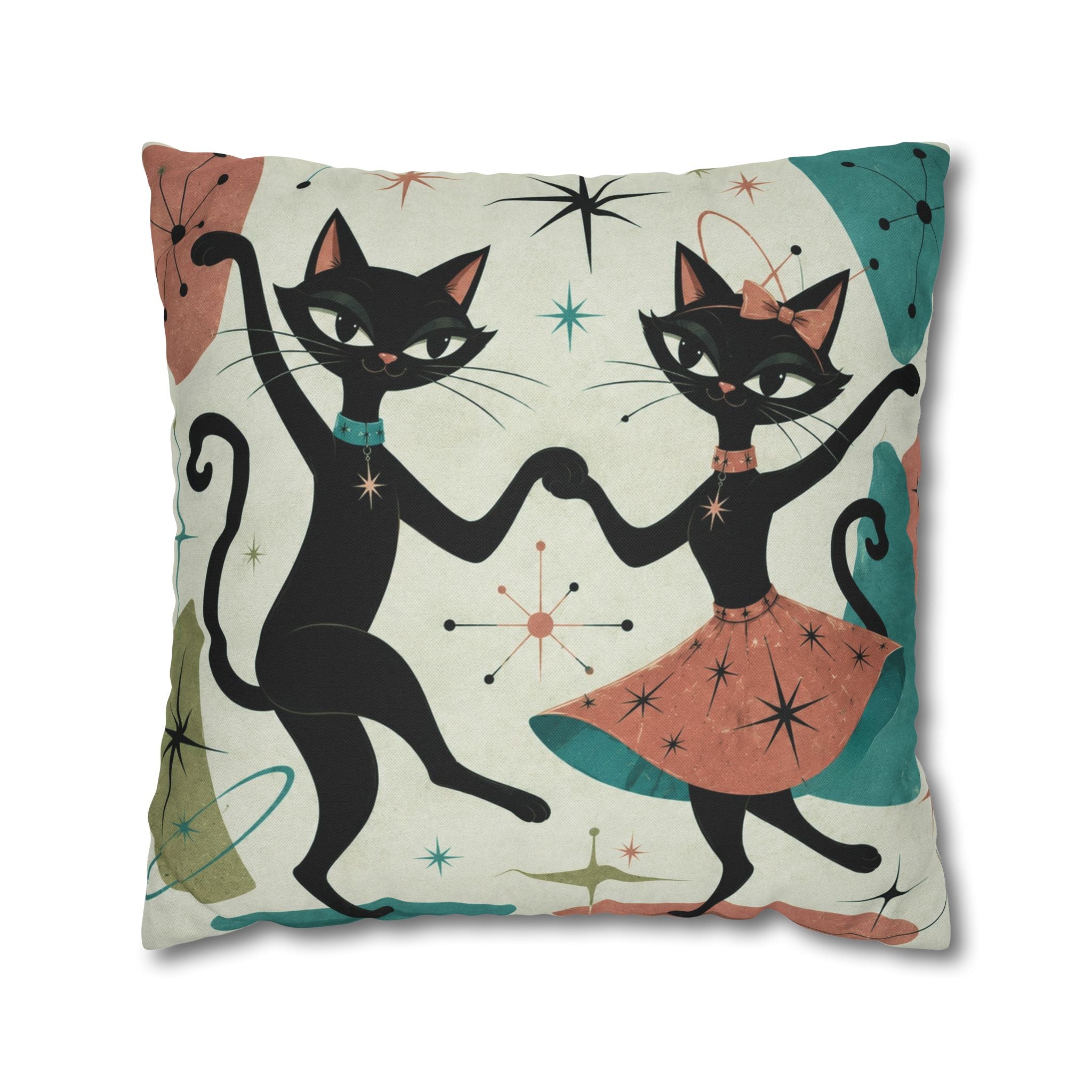 Dancing Retro Atomic Black Cats Pillowcase | Square Throw Pillowcase - COVER ONLY