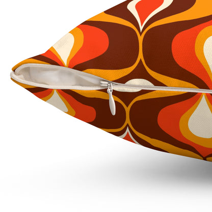 Orange and brown mid century modern retro inspired Spun Polyester Square Pillow, 60s 70s pattern, scatter throw cushion