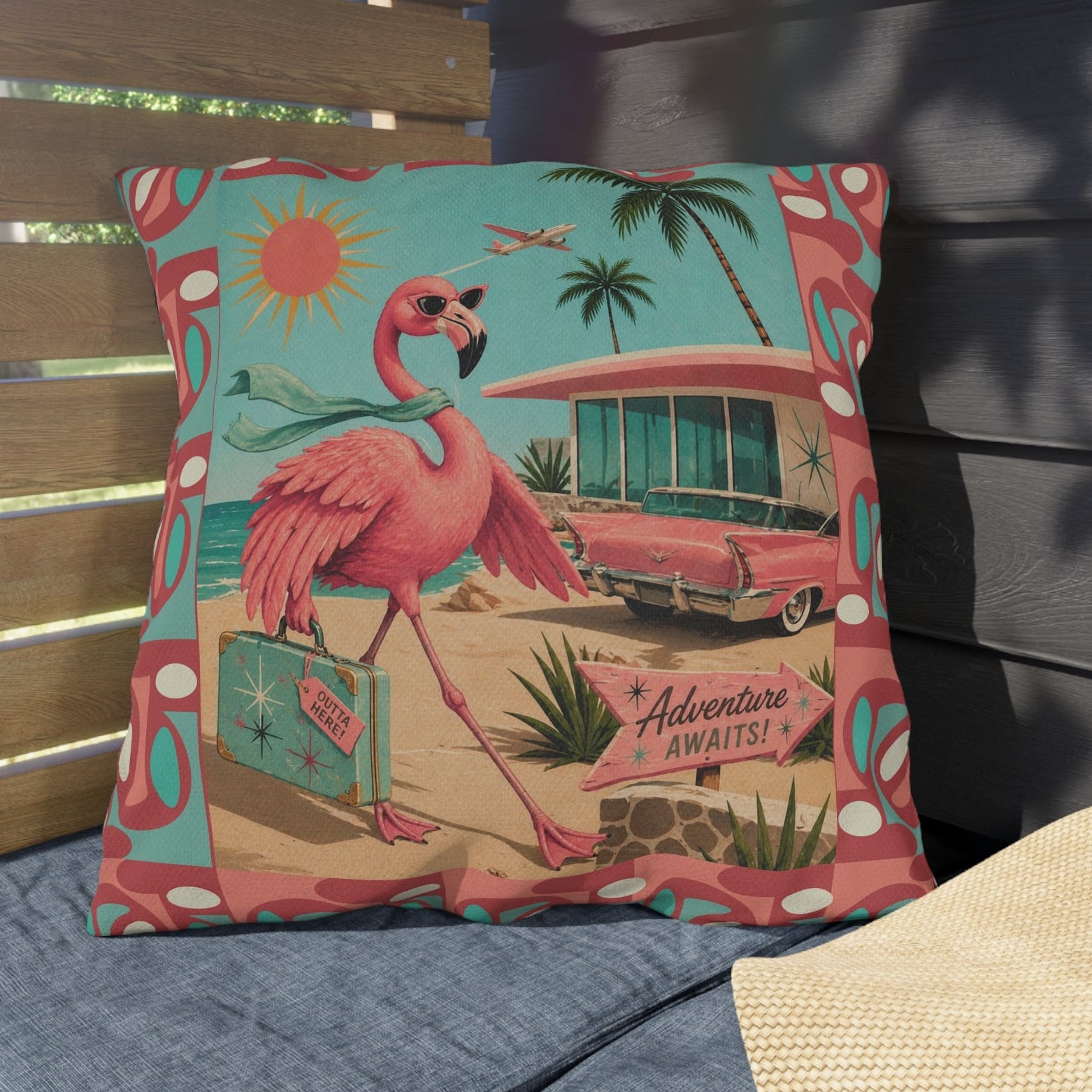 Retro Flamingo fly away Travel Illustration Outdoor Pillow | Mid Century Beach Adventure