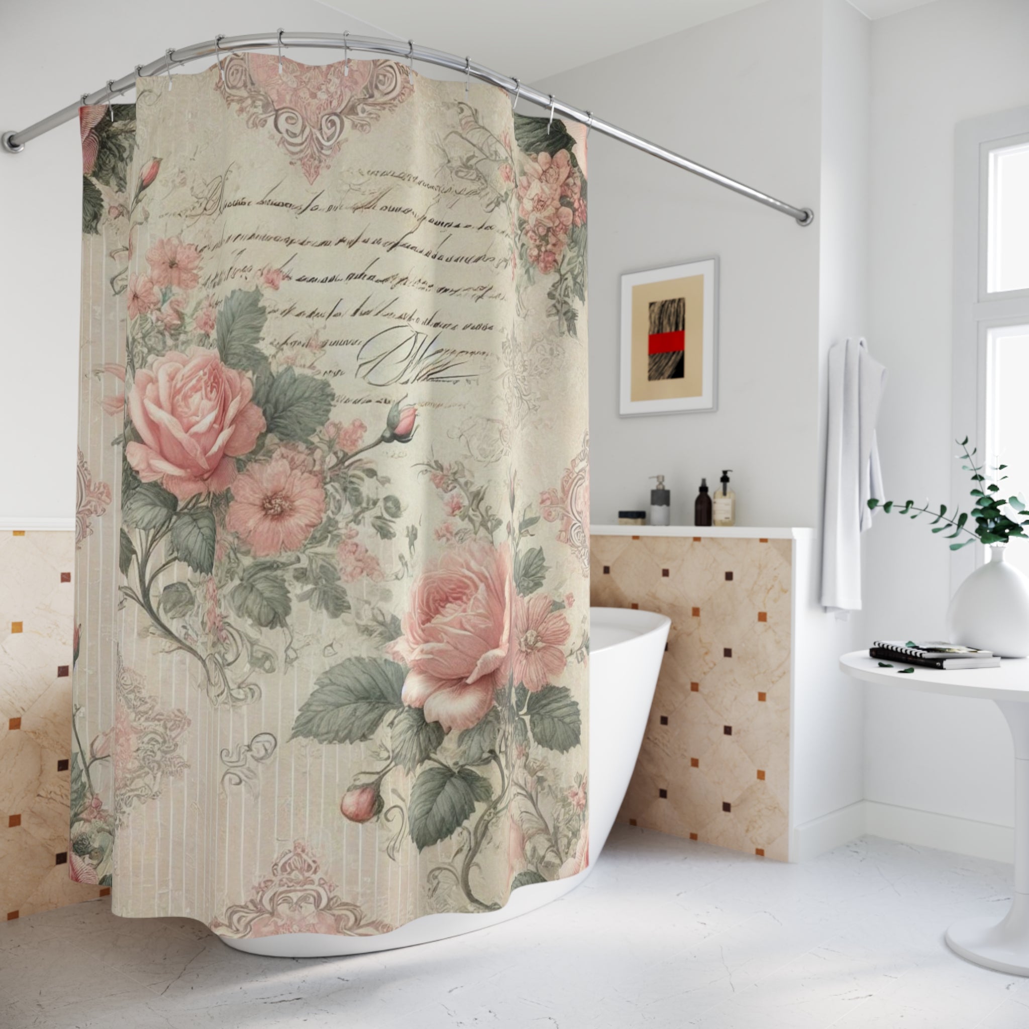 Pink floral Shabby chic vintage script Shower Curtain, French country, elegant bathroom decor, stall shower curtain