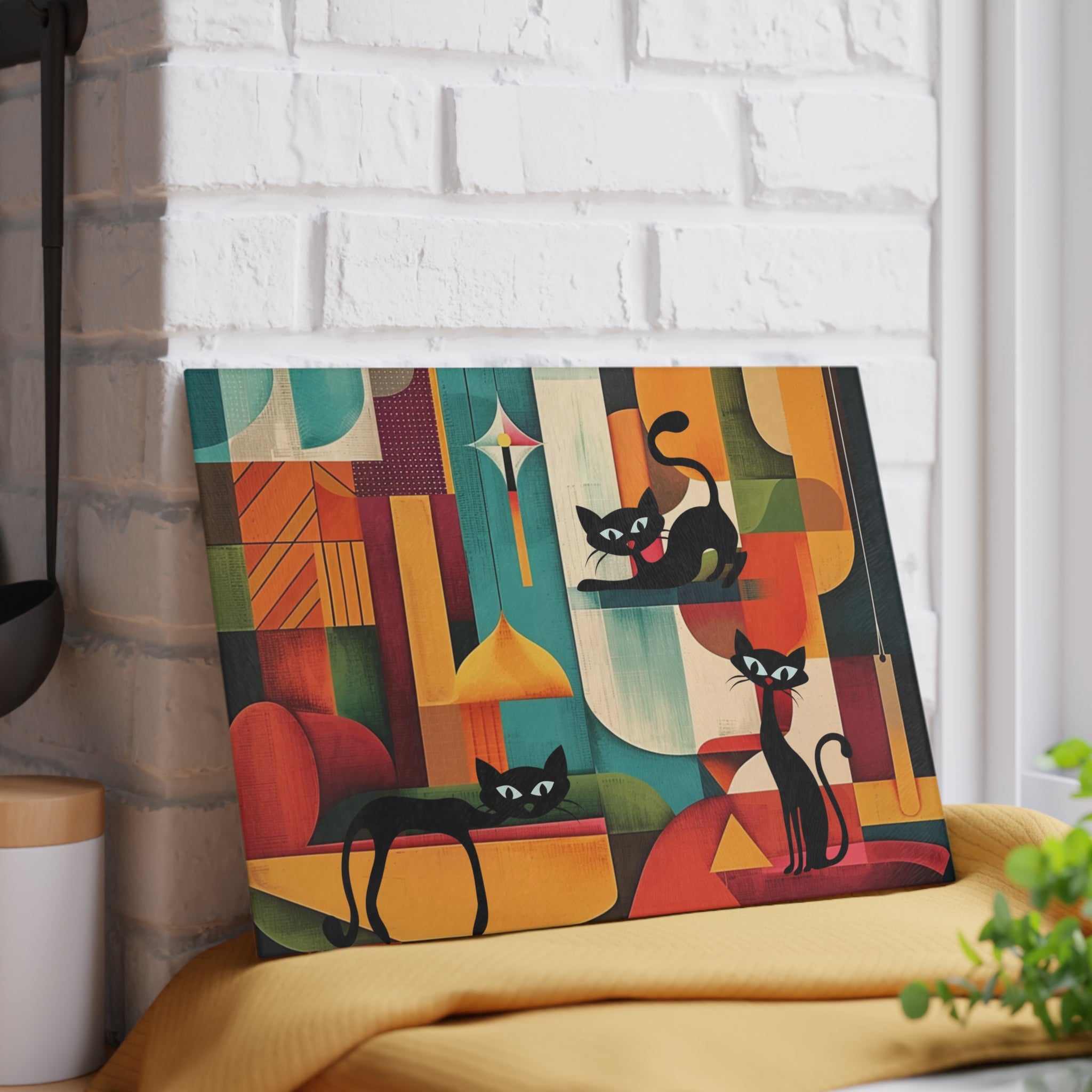 Atomic cat MCM Glass Cutting Board, Mid Century Modern, MCM chopping board, 50s 60s inspired, black cat lover gift