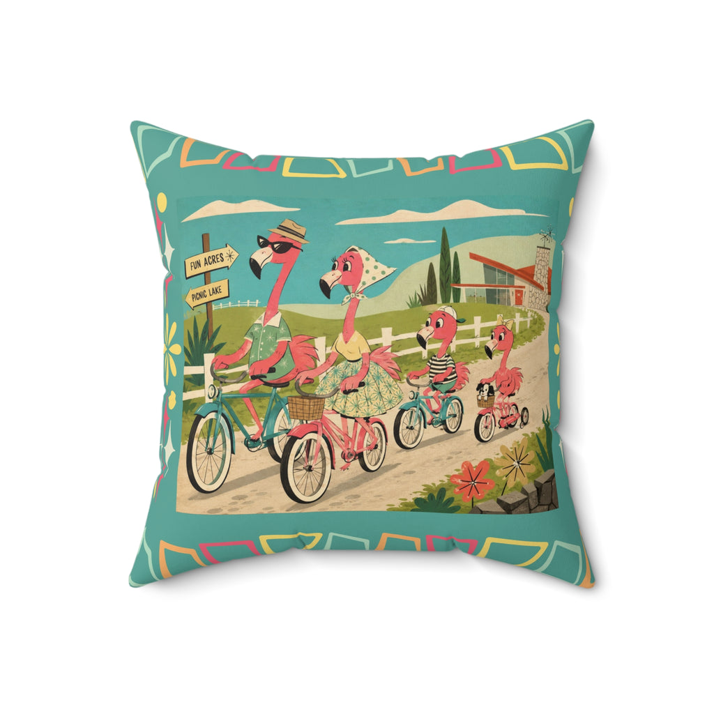 MCM Flamingo Family Biking Spun Polyester Pillow | Retro Tropical Bicycle Scene