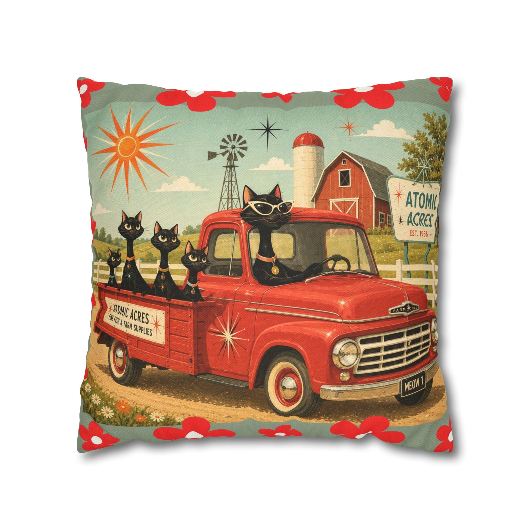 Retro Red Truck with Atomic Black Cats and kittens Pillowcase | MCM Square Pillowcase - COVER ONLY