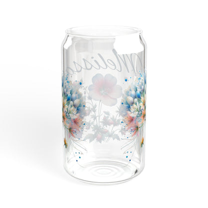 Personalized floral name Sipper Glass, 16oz, wildflowers glass, cute coffee cup, iced coffee glass with lid and straw