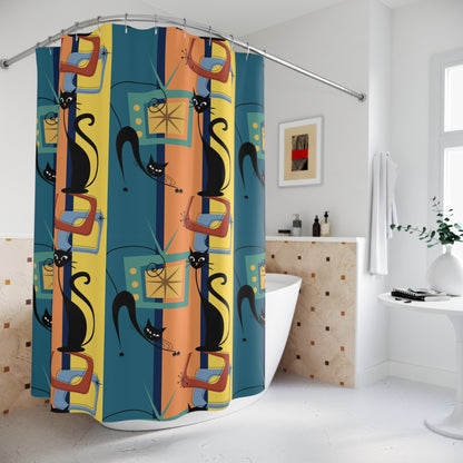 Mid Century Modern Atomic cat art Shower Curtain, MCM bathroom, colorful, retro inspired, bathtub stall shower curtain