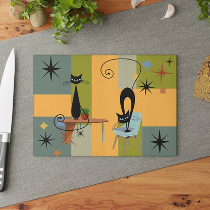 Atomic kitchen cat Glass Cutting Board, Cosmic cat, retro, Mid Century Modern, glass chopping board