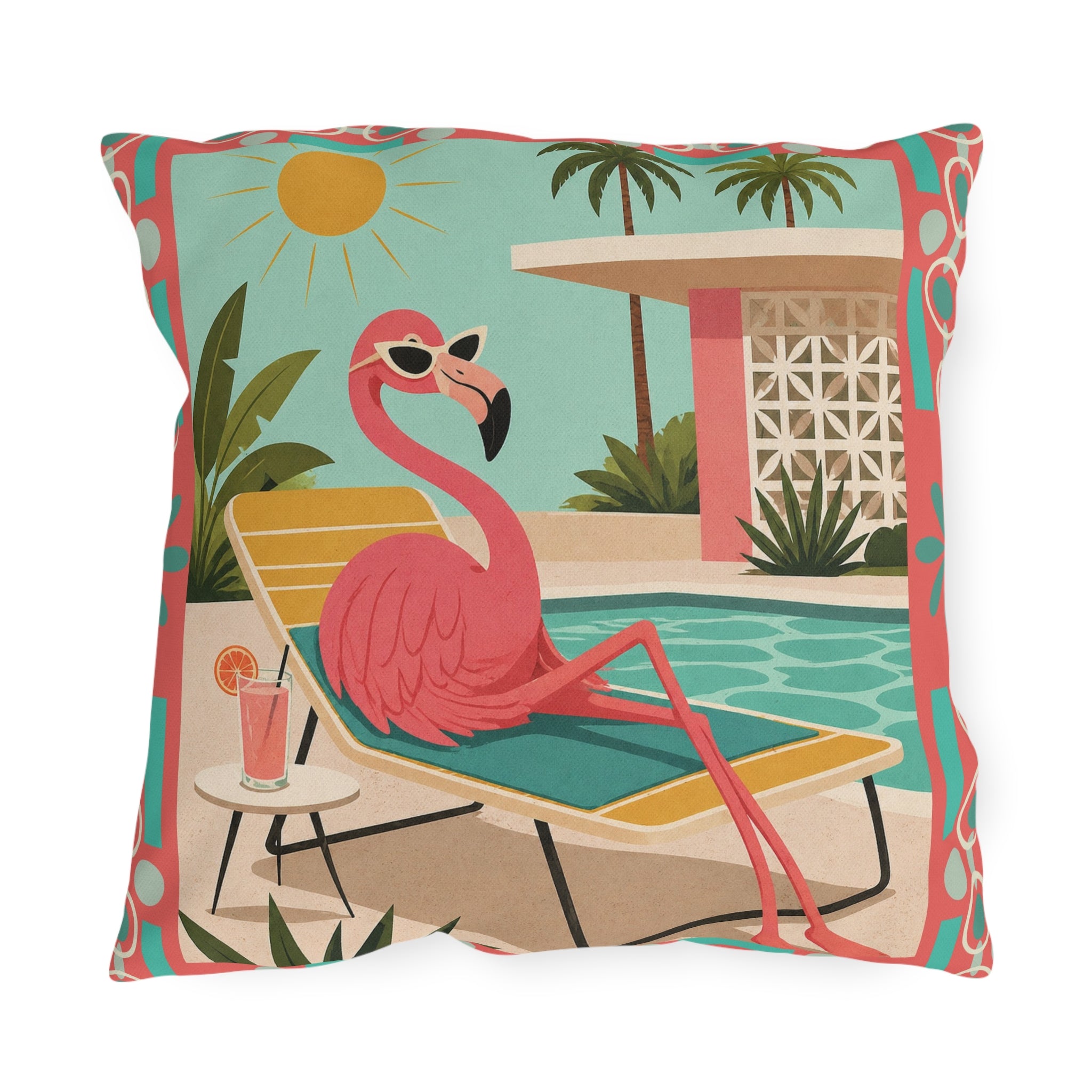 MCM Pink Flamingo Poolside Outdoor Pillow | Retro Mid Century Tropical