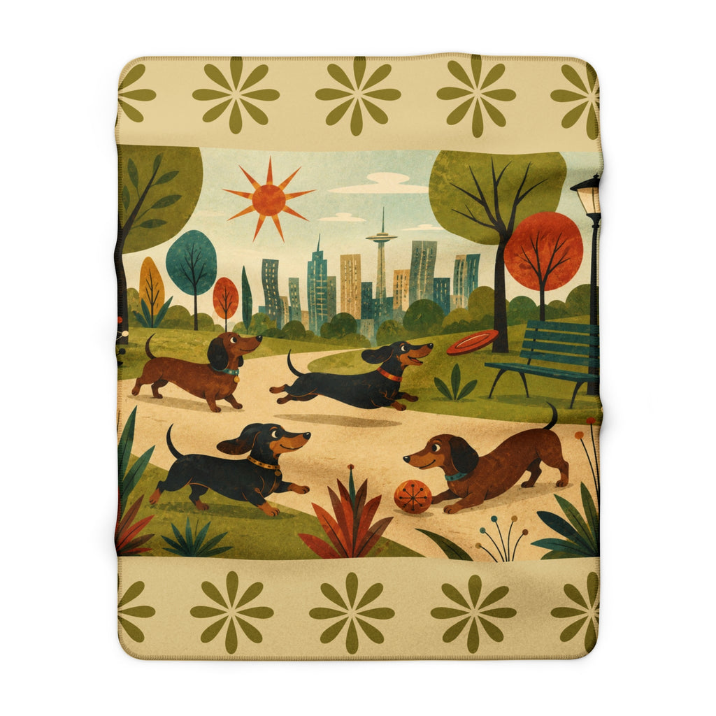 MCM Dachshund Park Scene Sherpa Blanket | Retro City Park Dogs, Cozy Fleece
