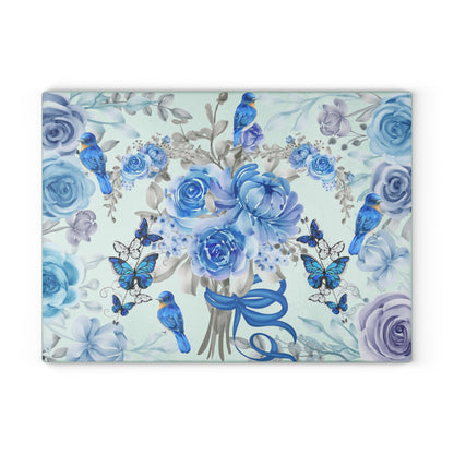 Blue and white, flowers, birds and butterflies, home decor, food preparation Glass Cutting Board