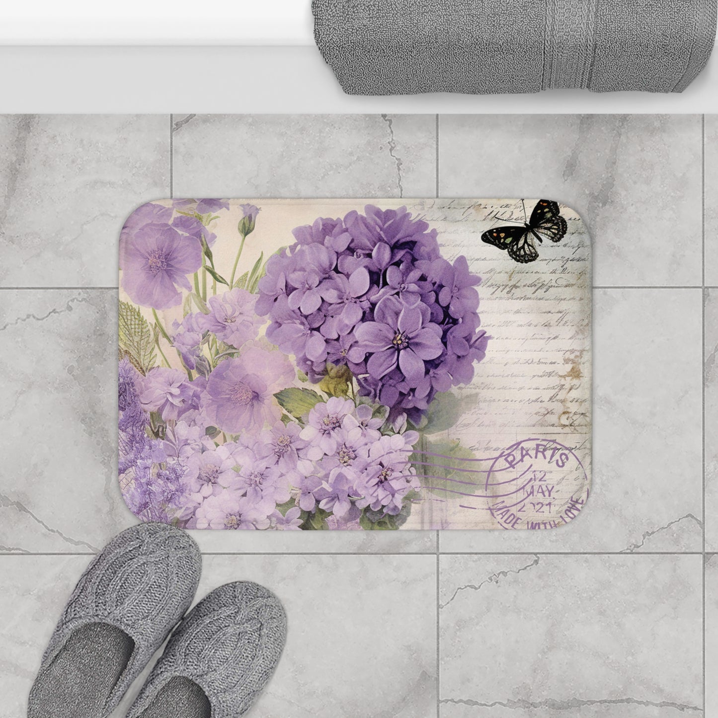 Purple lavender floral bathmat, country cottage, shabby chic style, vintage inspired, bathroom decor