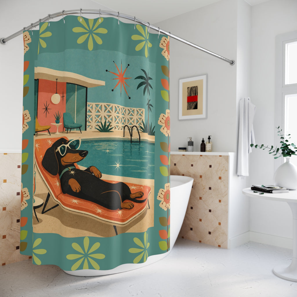 Retro Dachshund Poolside Lounge Shower Curtain | Mid Century Modern