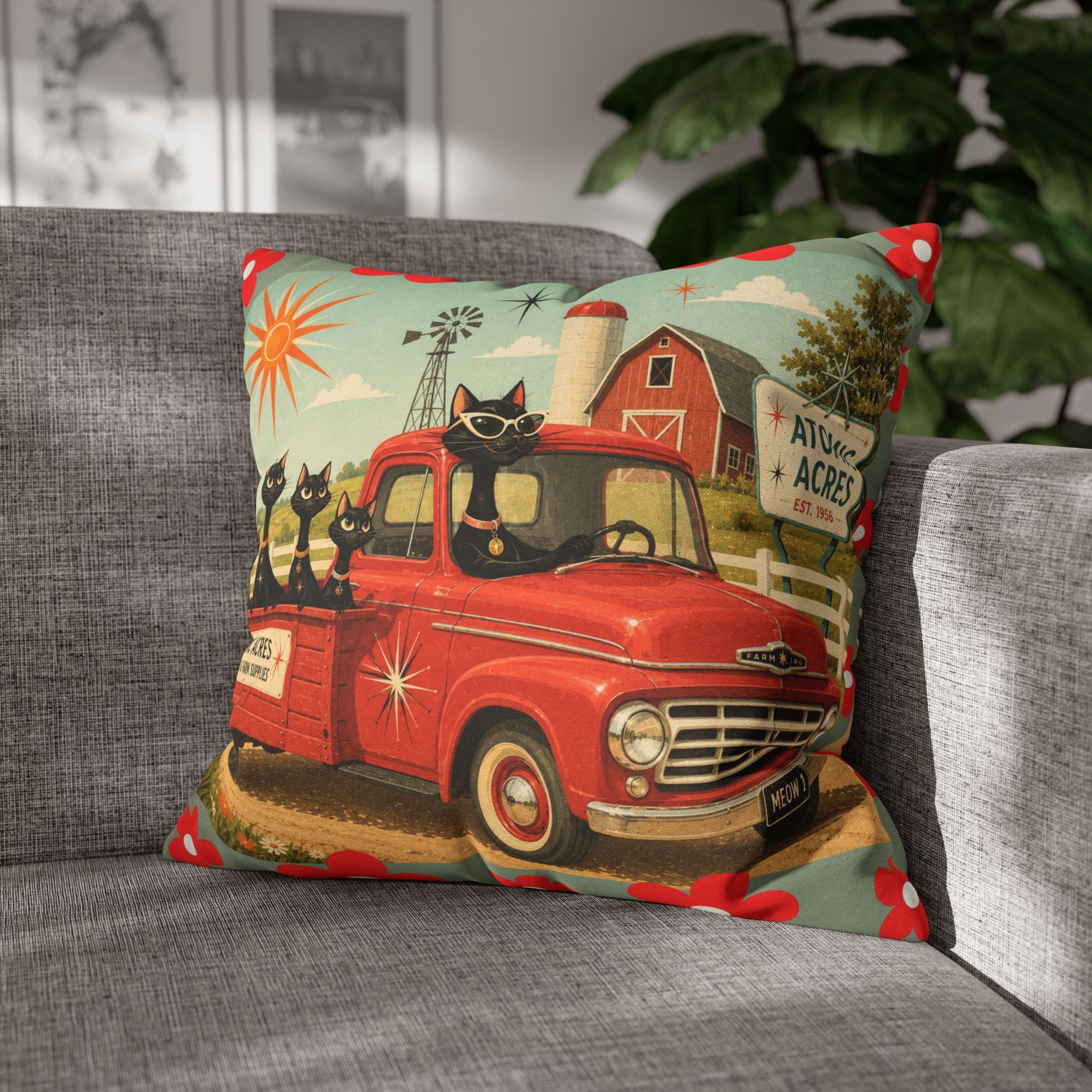 Retro Red Truck with Atomic Black Cats and kittens Pillowcase | MCM Square Pillowcase - COVER ONLY